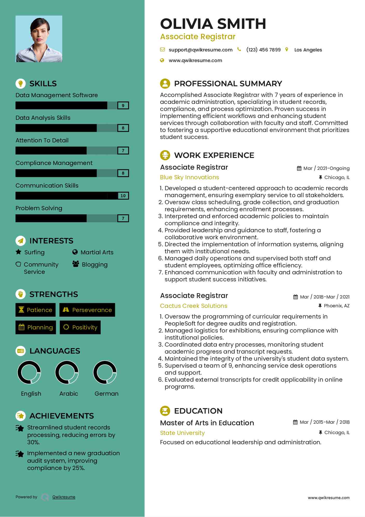 Associate Registrar Resume Sample