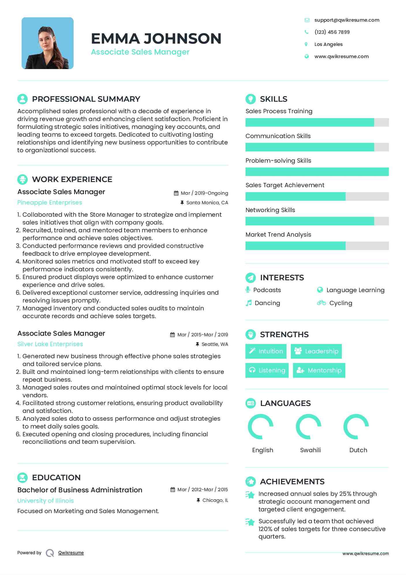 Associate Sales Manager Resume Example