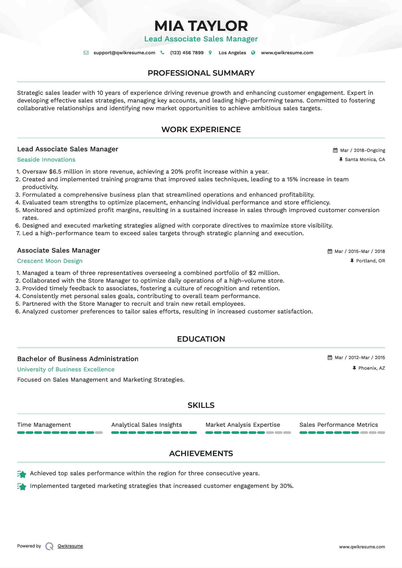 Lead Associate Sales Manager Resume Example