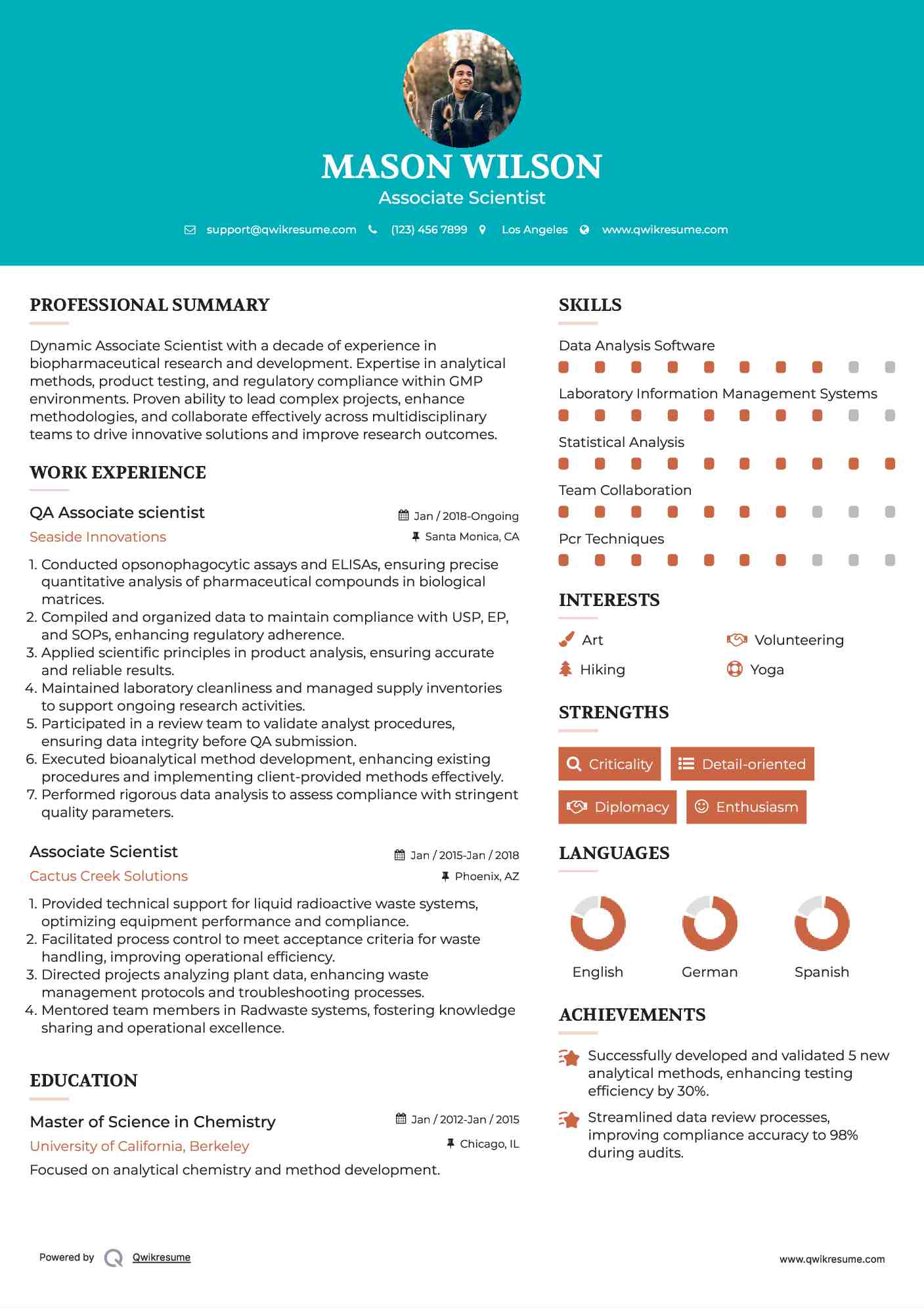 QA Associate scientist Resume Example
