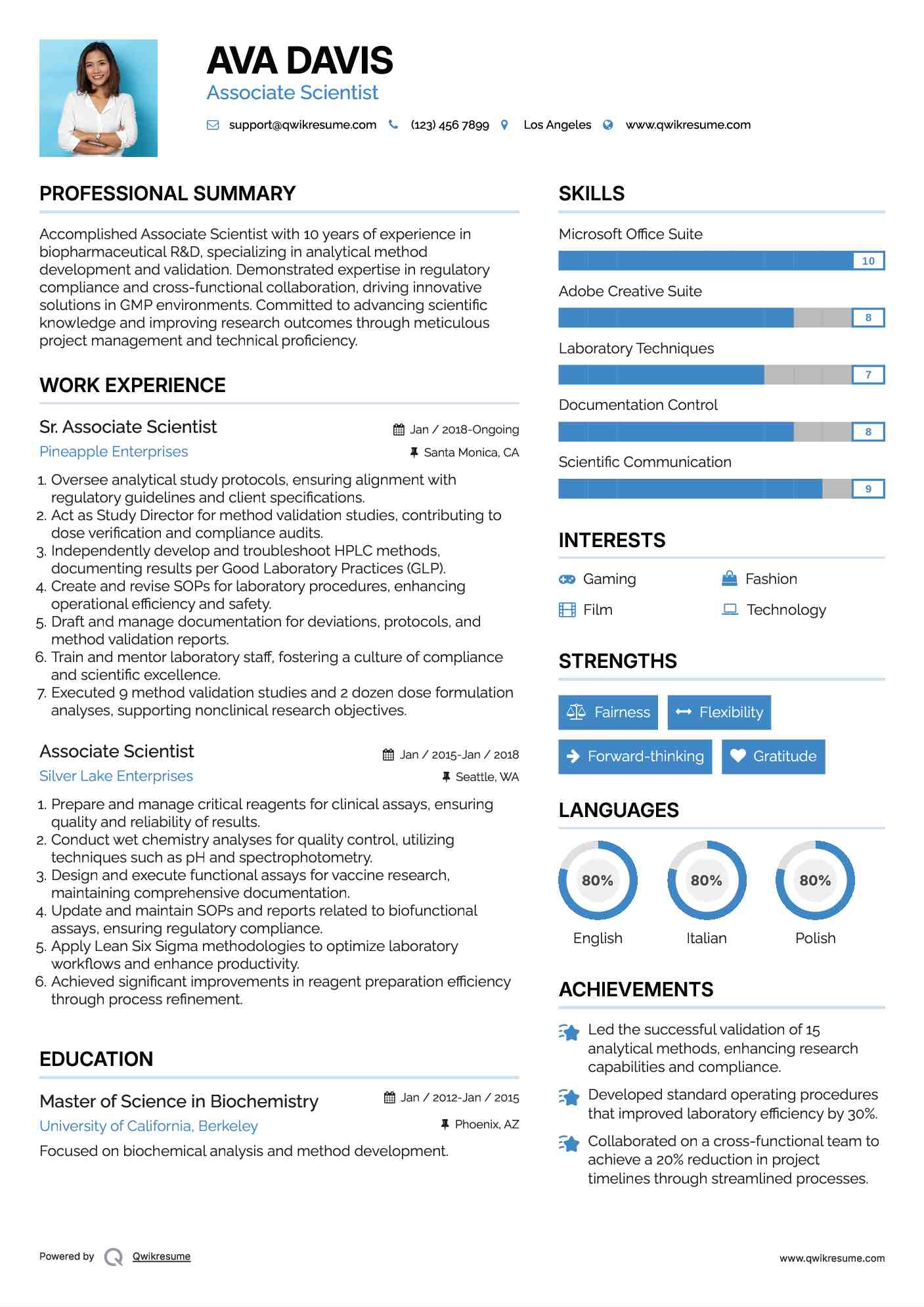 Sr. Associate Scientist Resume Sample
