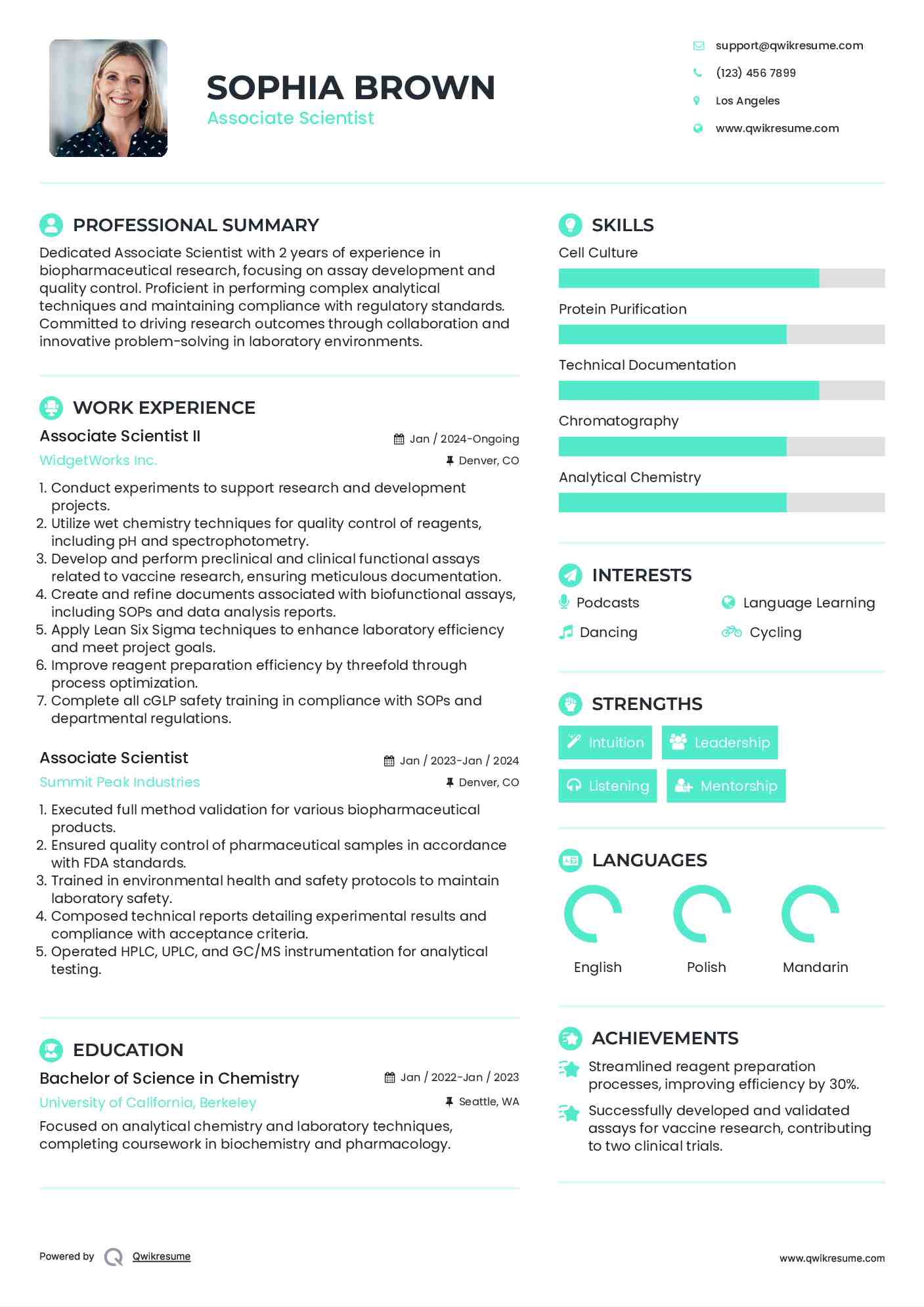 Associate Scientist II Resume Sample