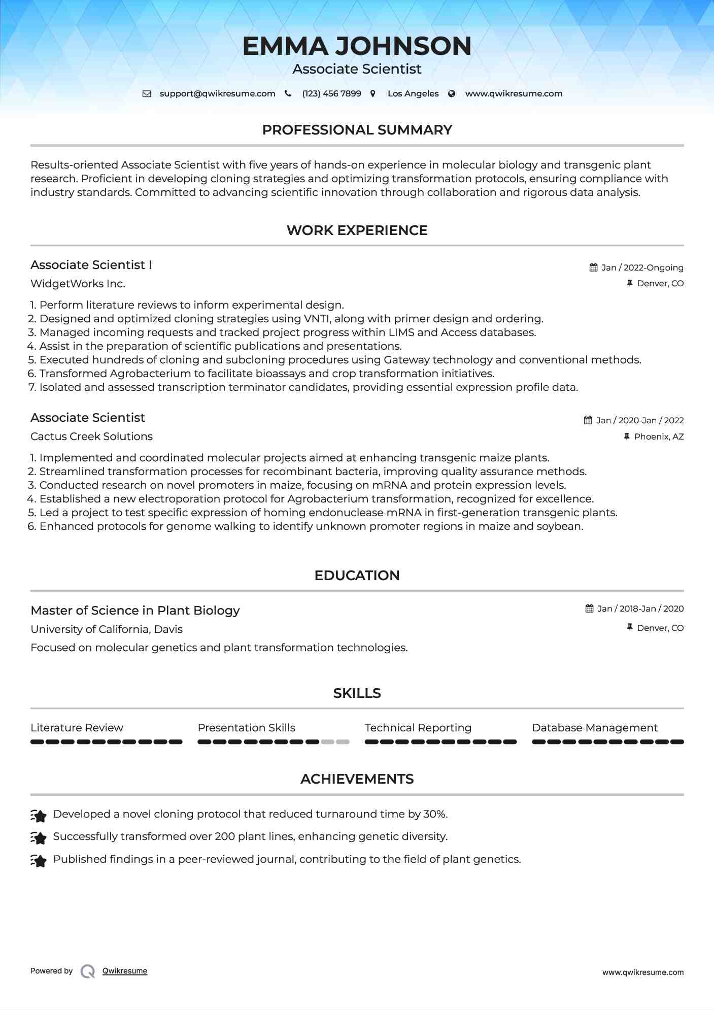 Associate Scientist I Resume Model