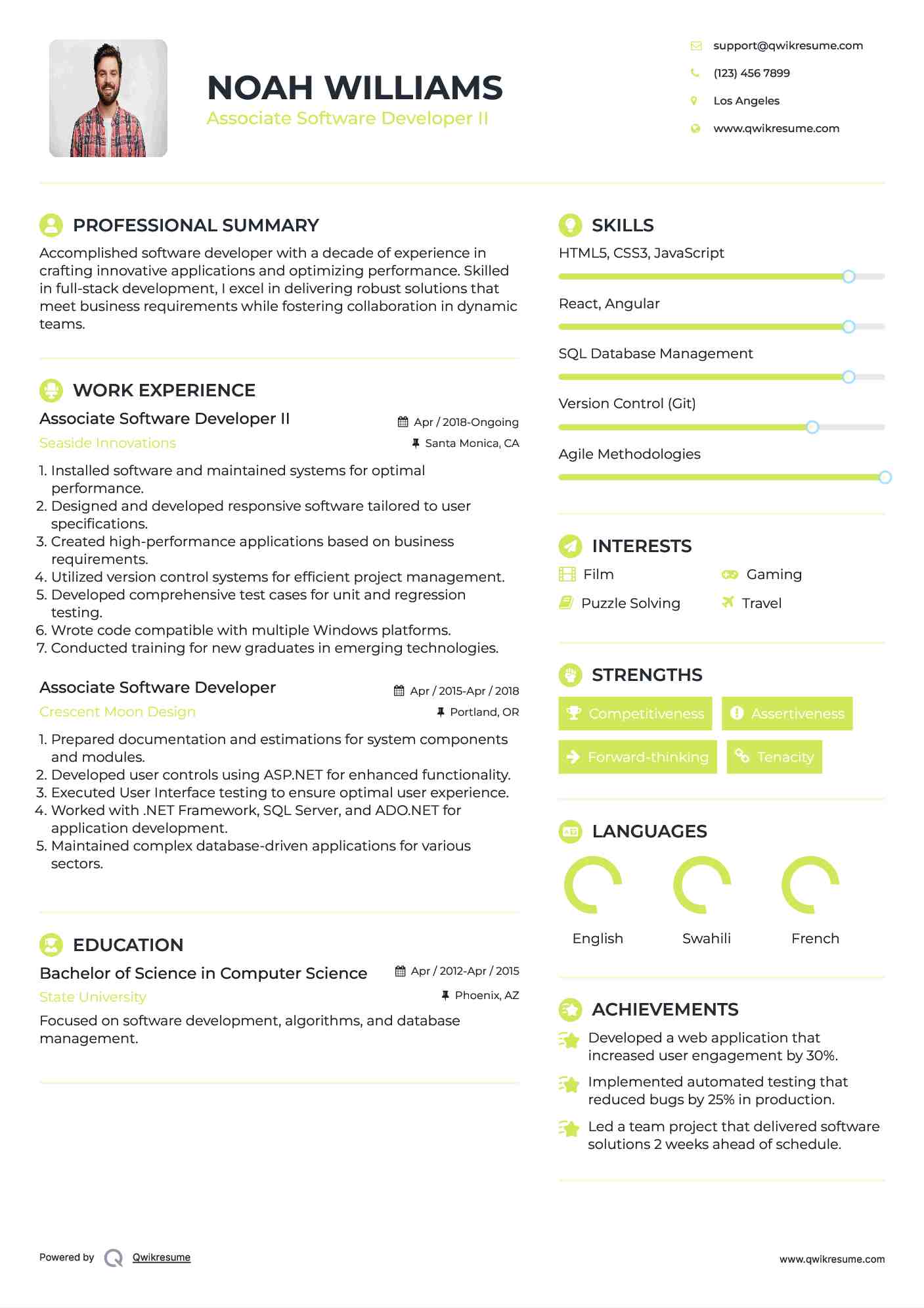 Associate Software Developer II Resume Format