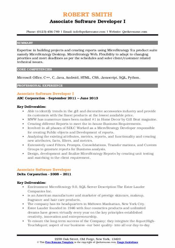 Associate Software Developer Resume Samples | QwikResume