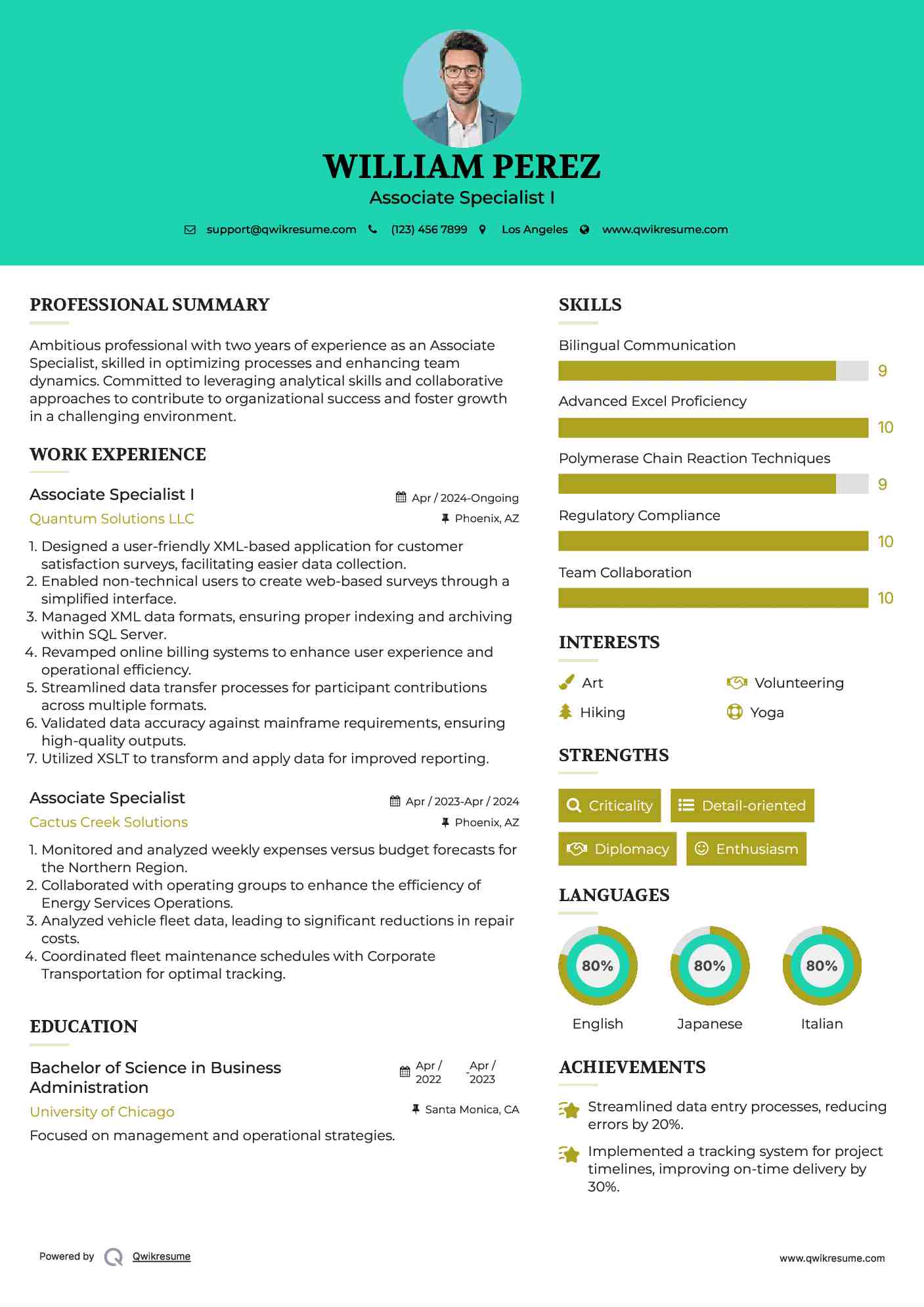 Associate Specialist I Resume Format