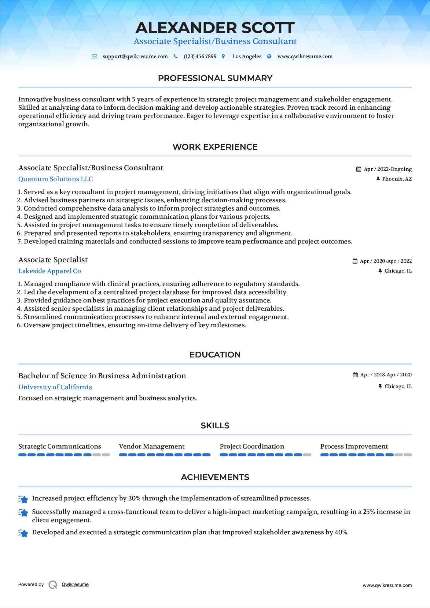 Associate Specialist/Business Consultant Resume Sample