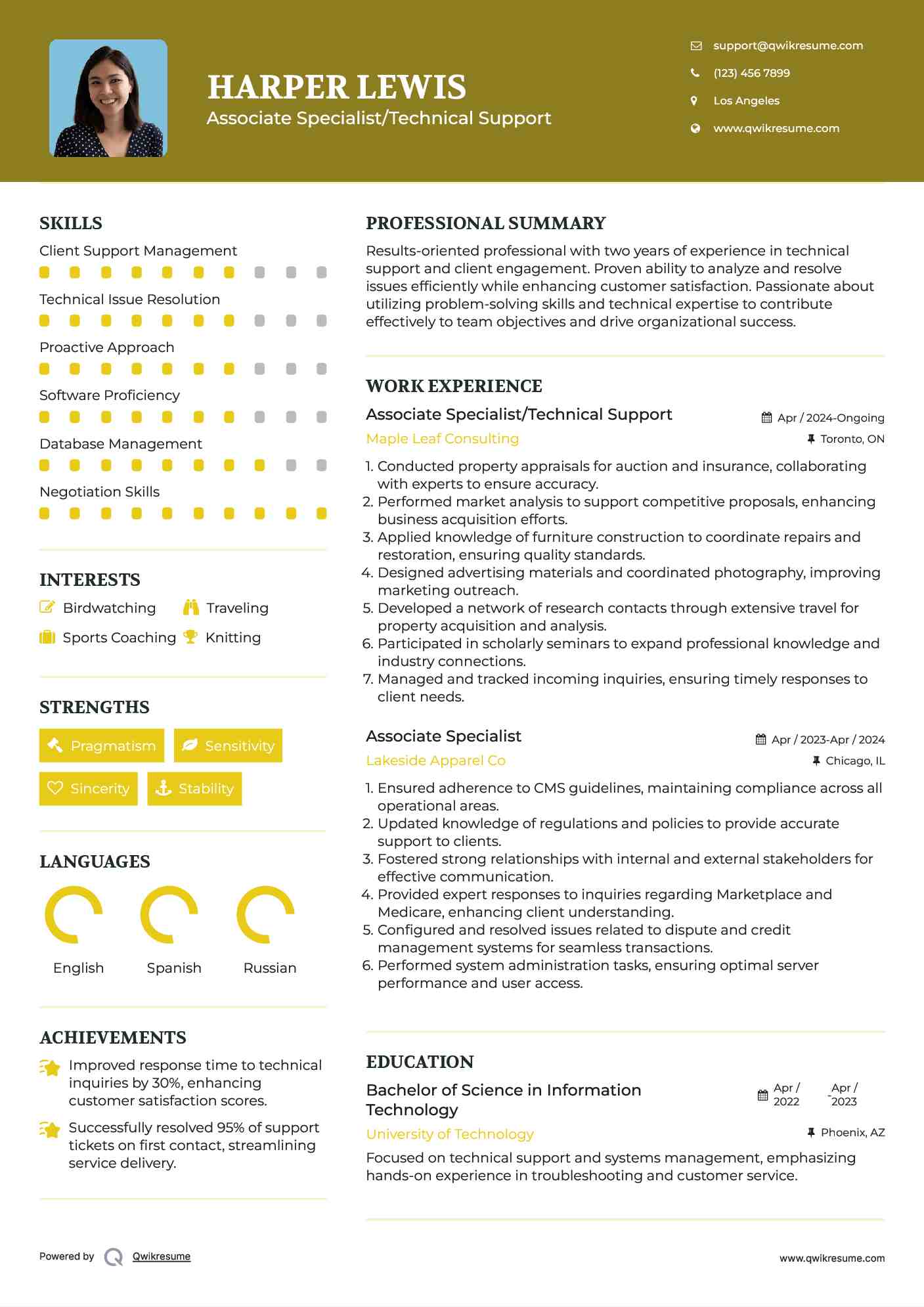 Associate Specialist/Technical Support Resume Example