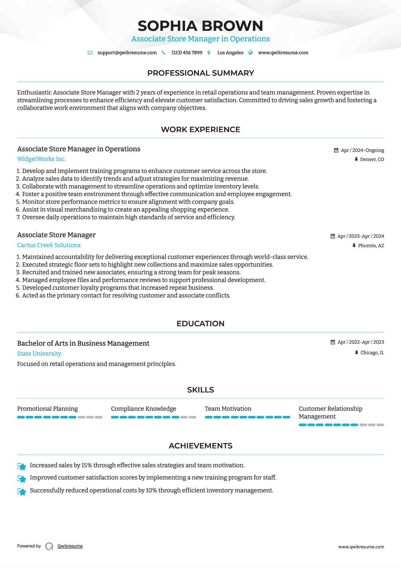 Associate Store Manager in Operations Resume Template