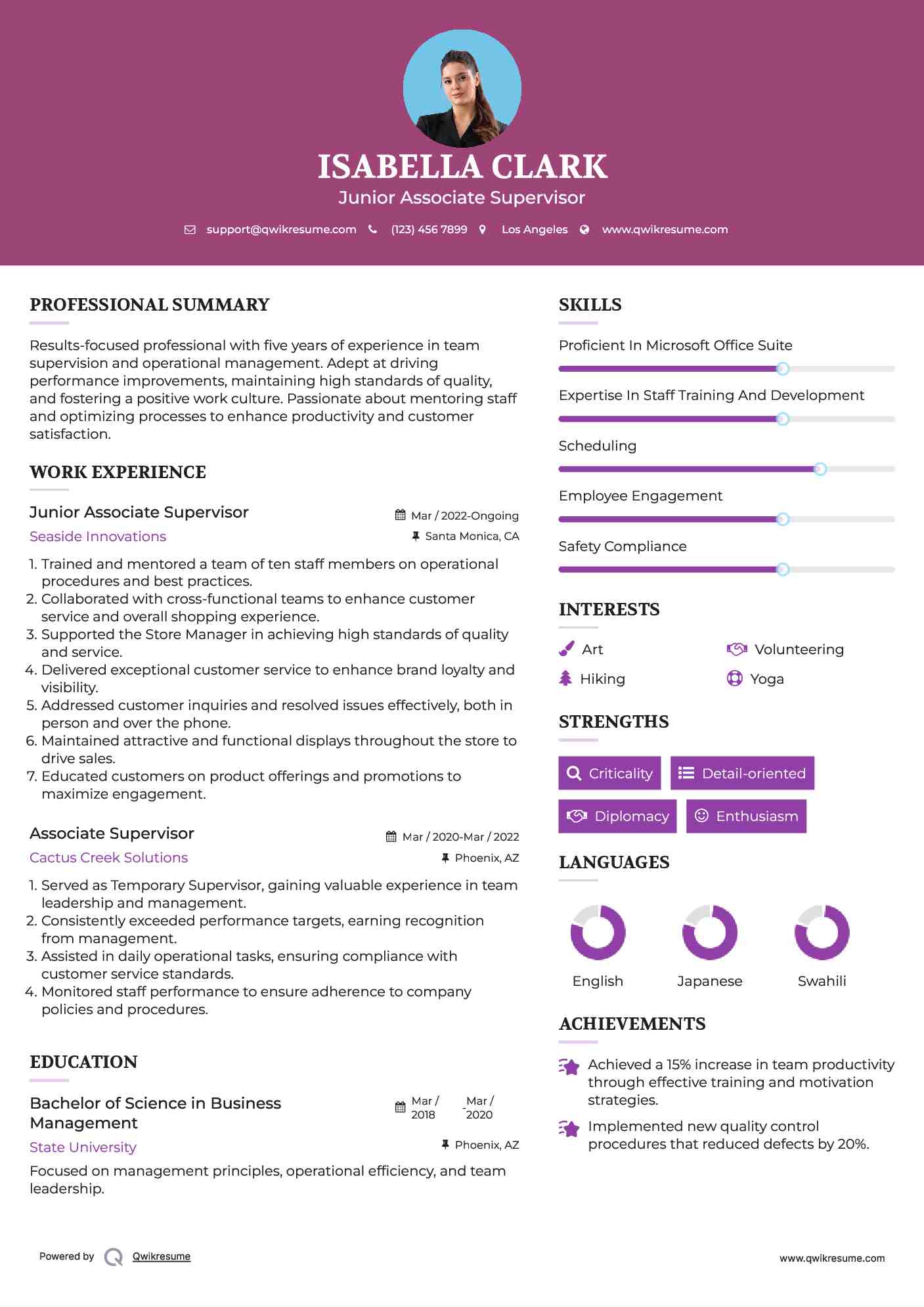 Junior Associate Supervisor Resume Sample