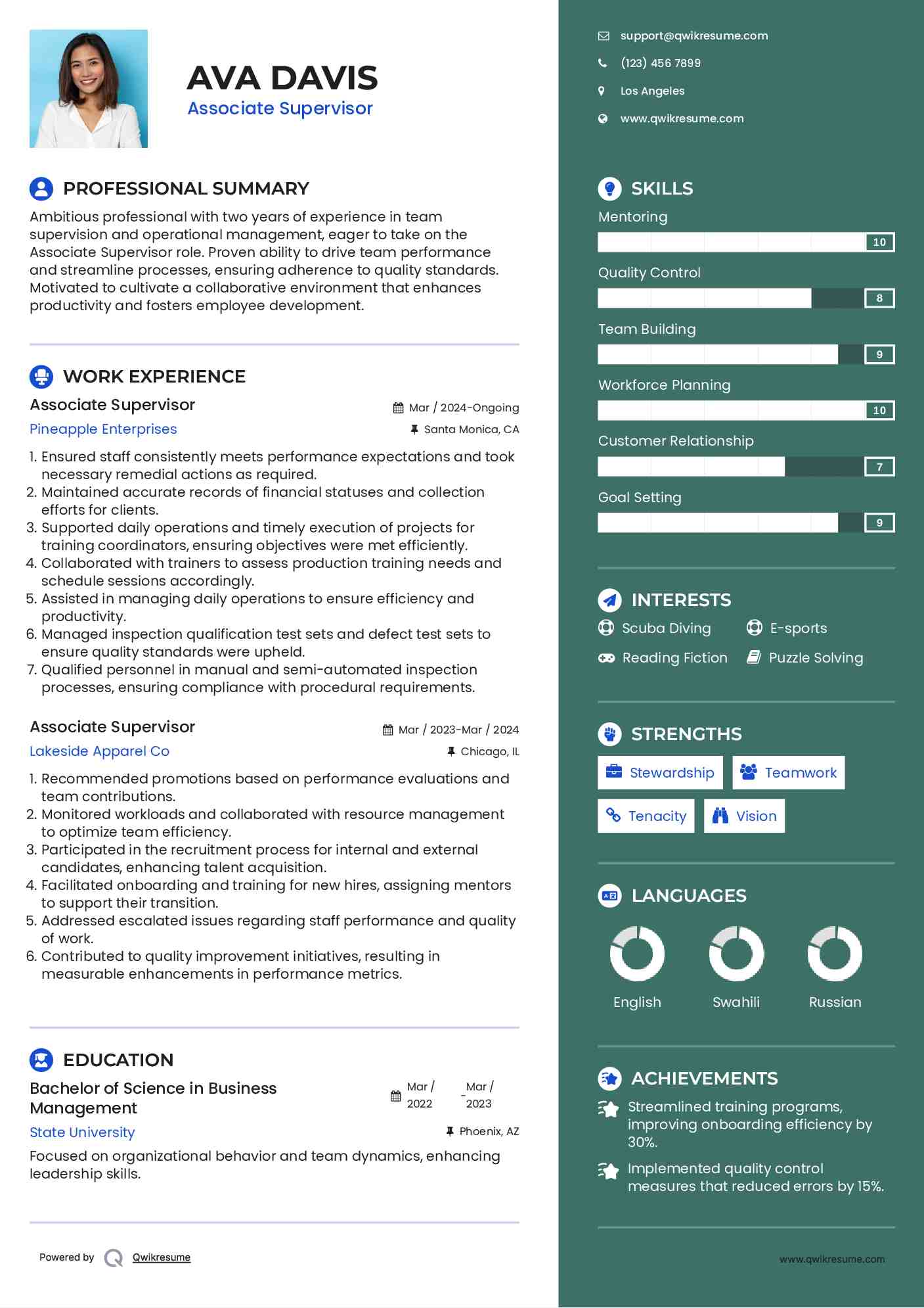 Associate Supervisor Resume Model