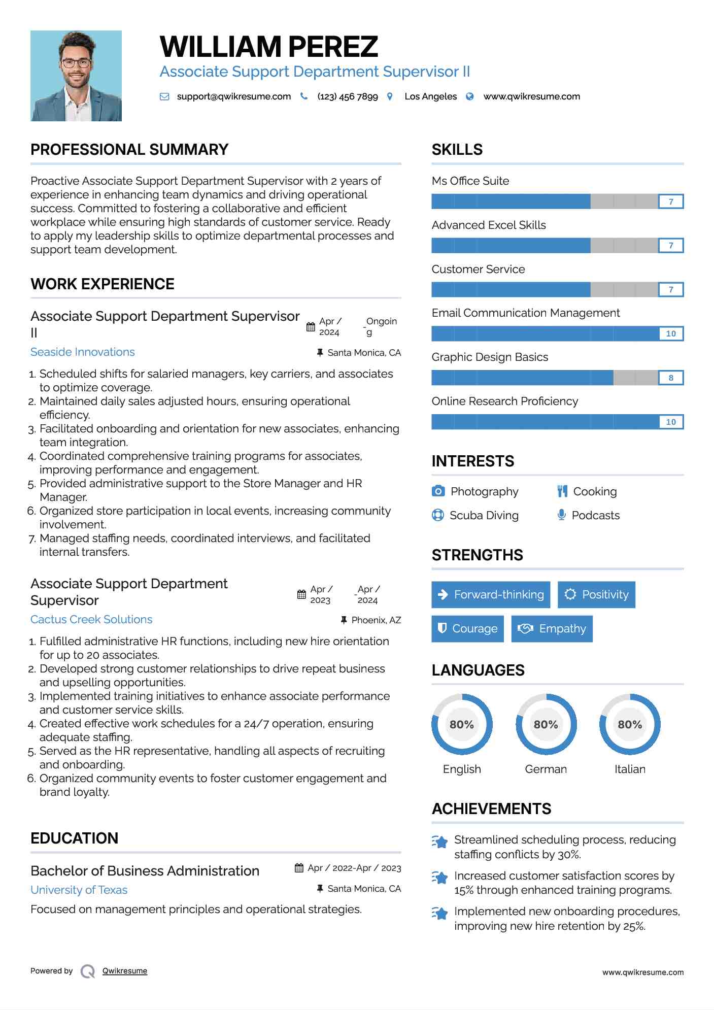 Associate Support Department Supervisor II Resume Format