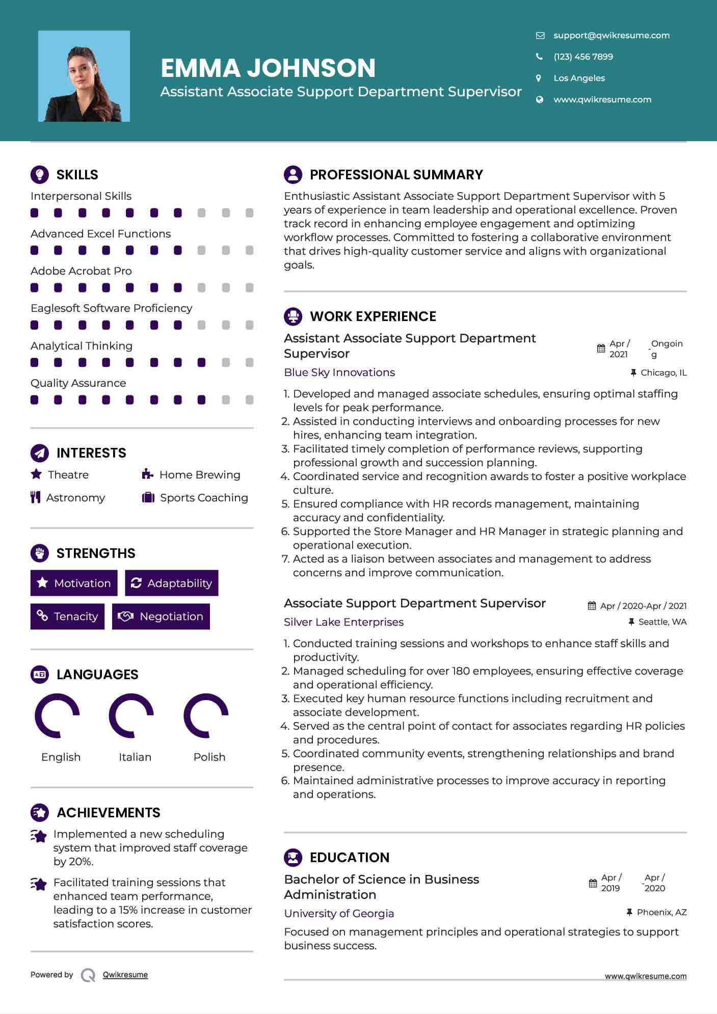Assistant Associate Support Department Supervisor Resume Format