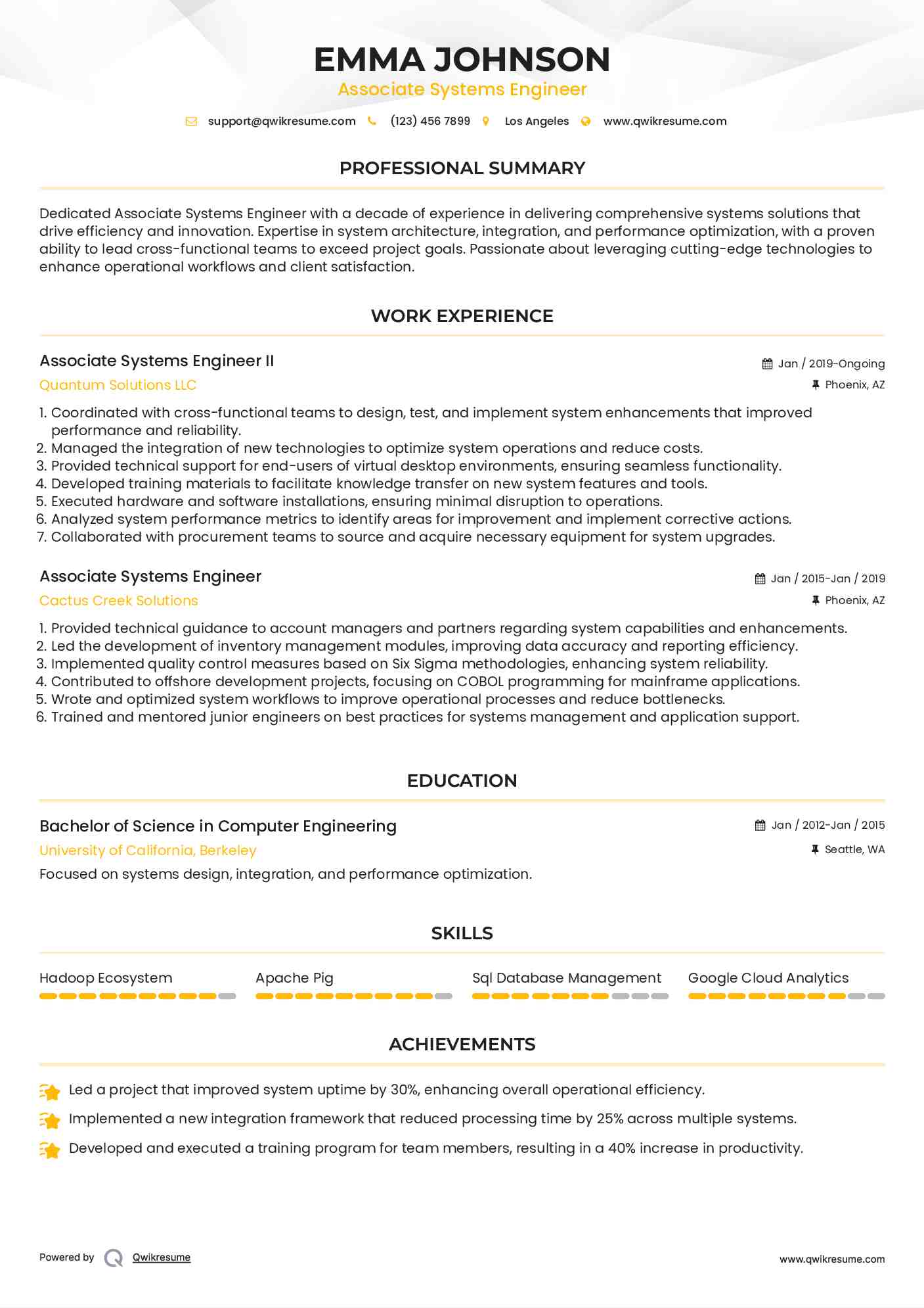 Associate Systems Engineer II Resume Template
