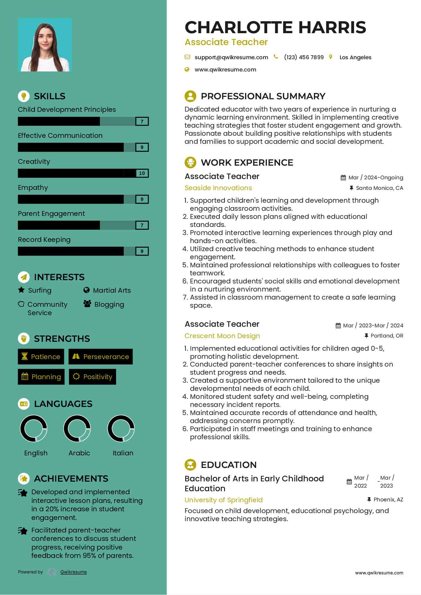 Associate Teacher Resume Example