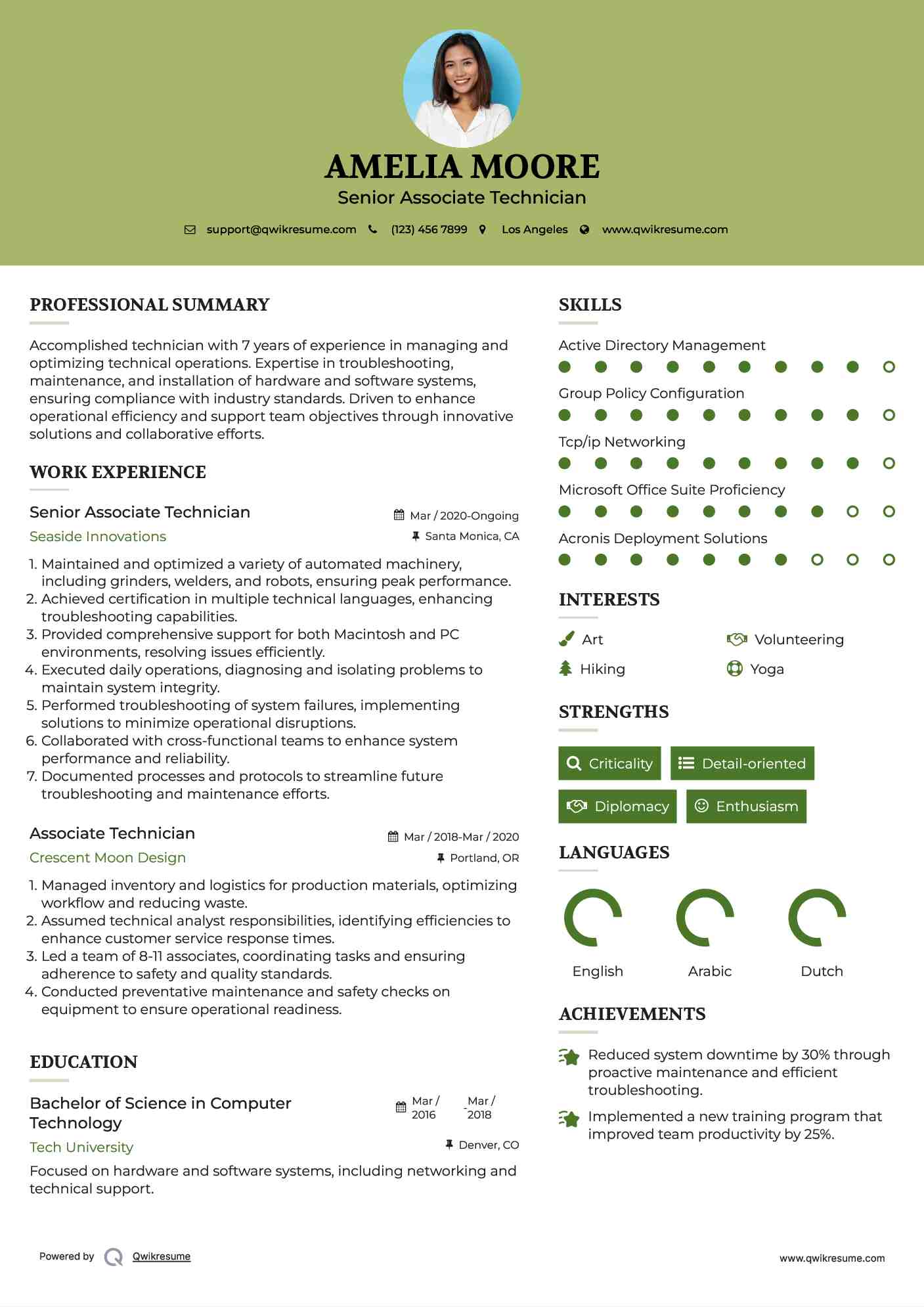 Senior Associate Technician Resume Sample