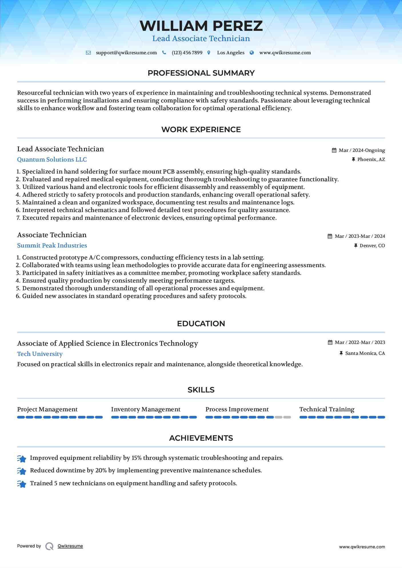 Lead Associate Technician Resume Model