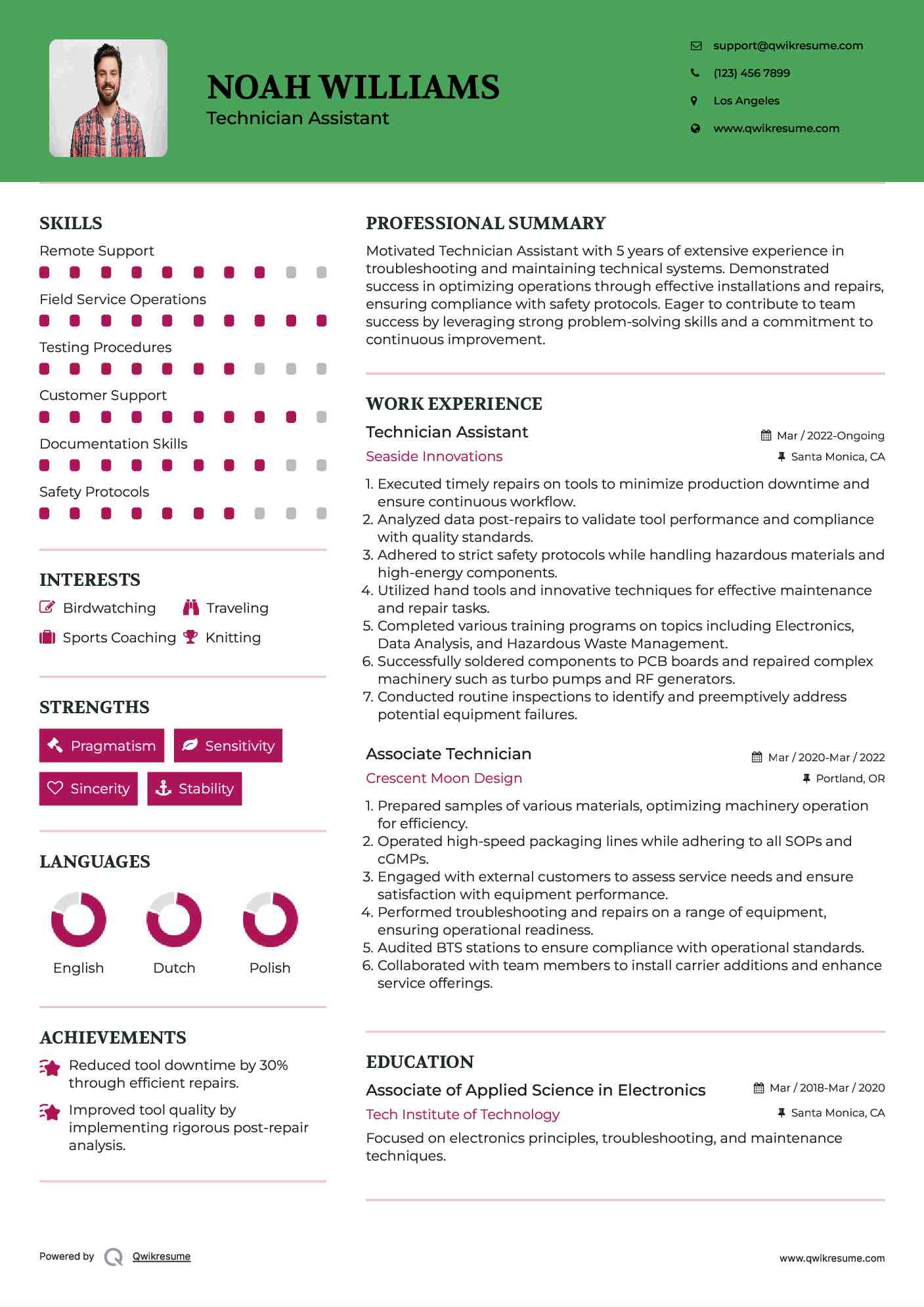 Technician Assistant Resume Model