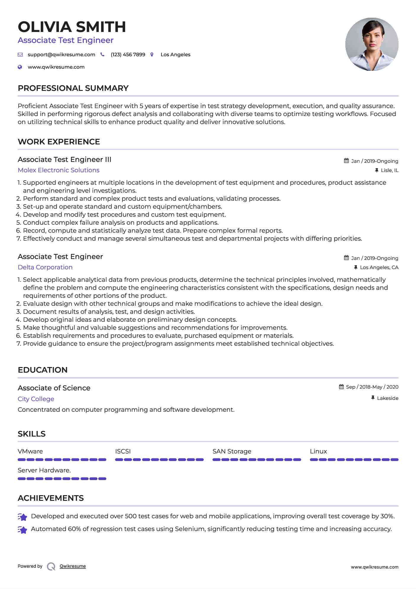Associate Test Engineer III Resume Sample