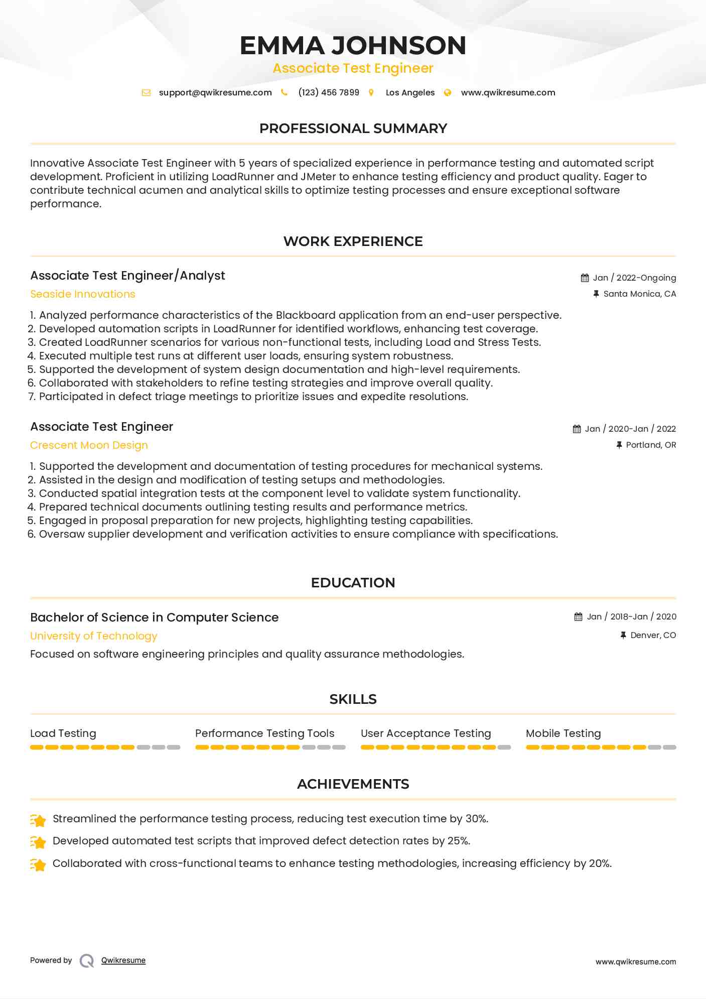 Associate Test Engineer/Analyst Resume Template