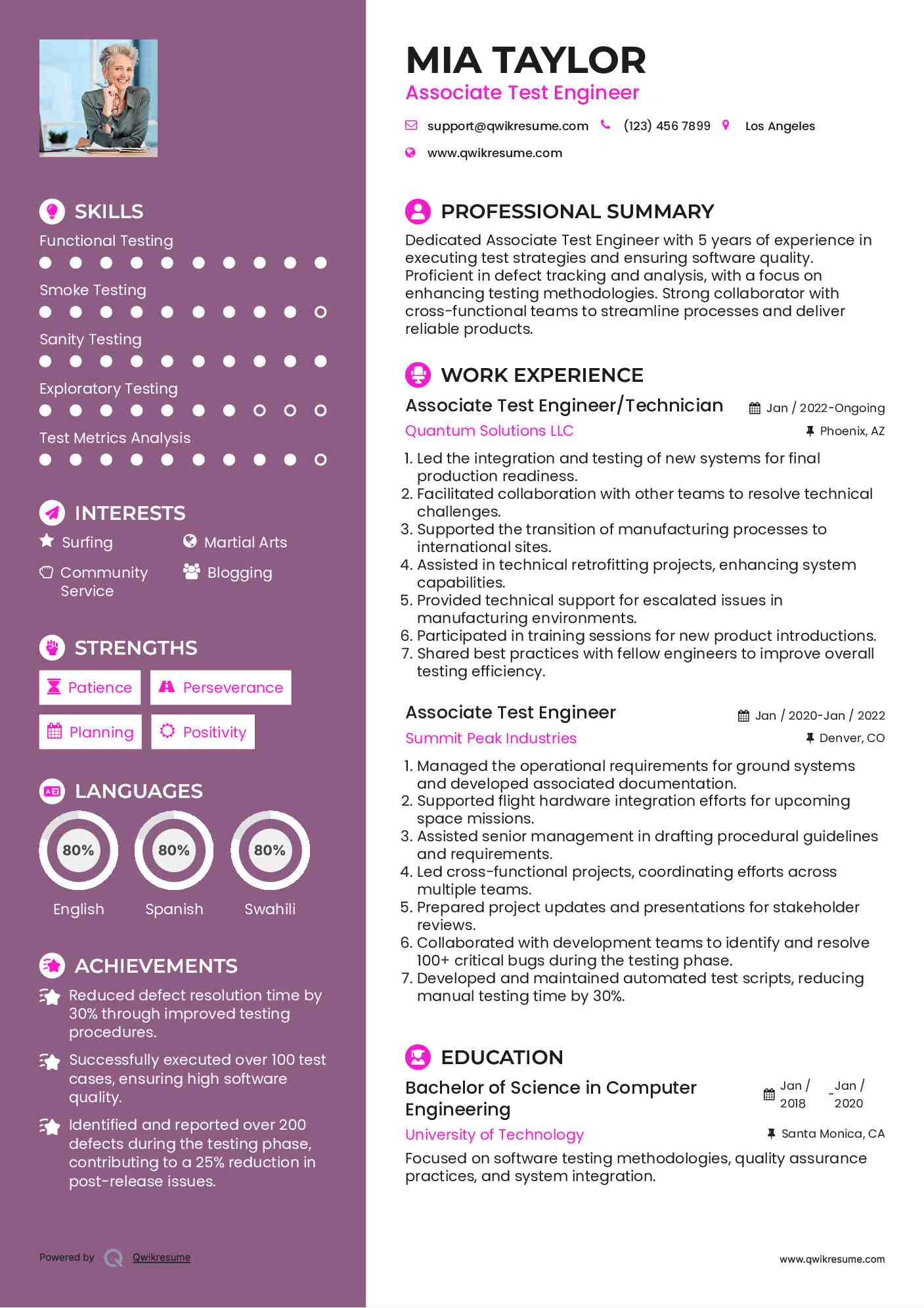 Associate Test Engineer/Technician Resume Sample