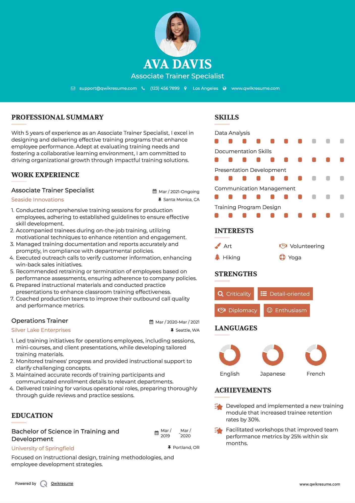 Associate Trainer Specialist Resume Model