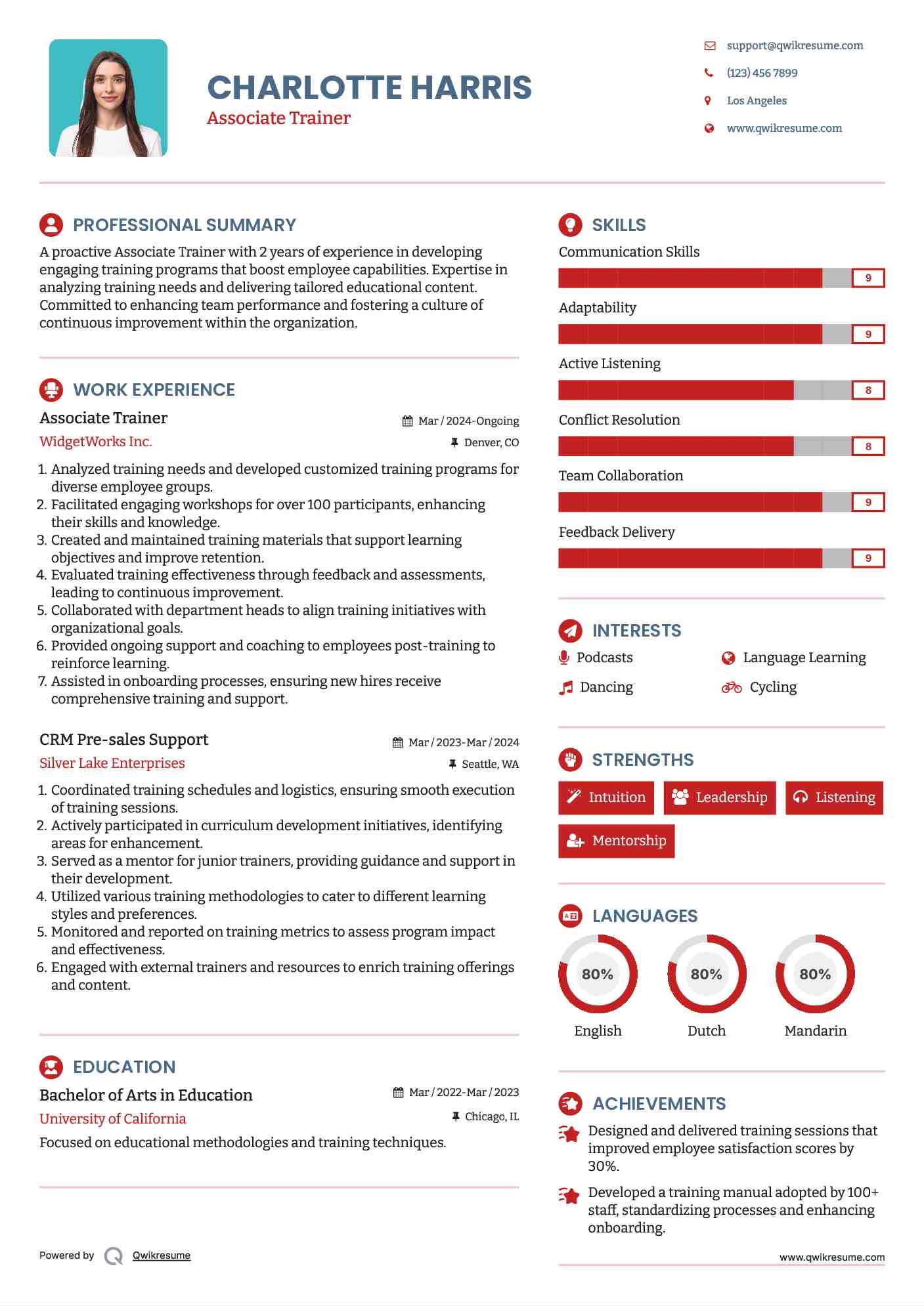 Associate Trainer Resume Example