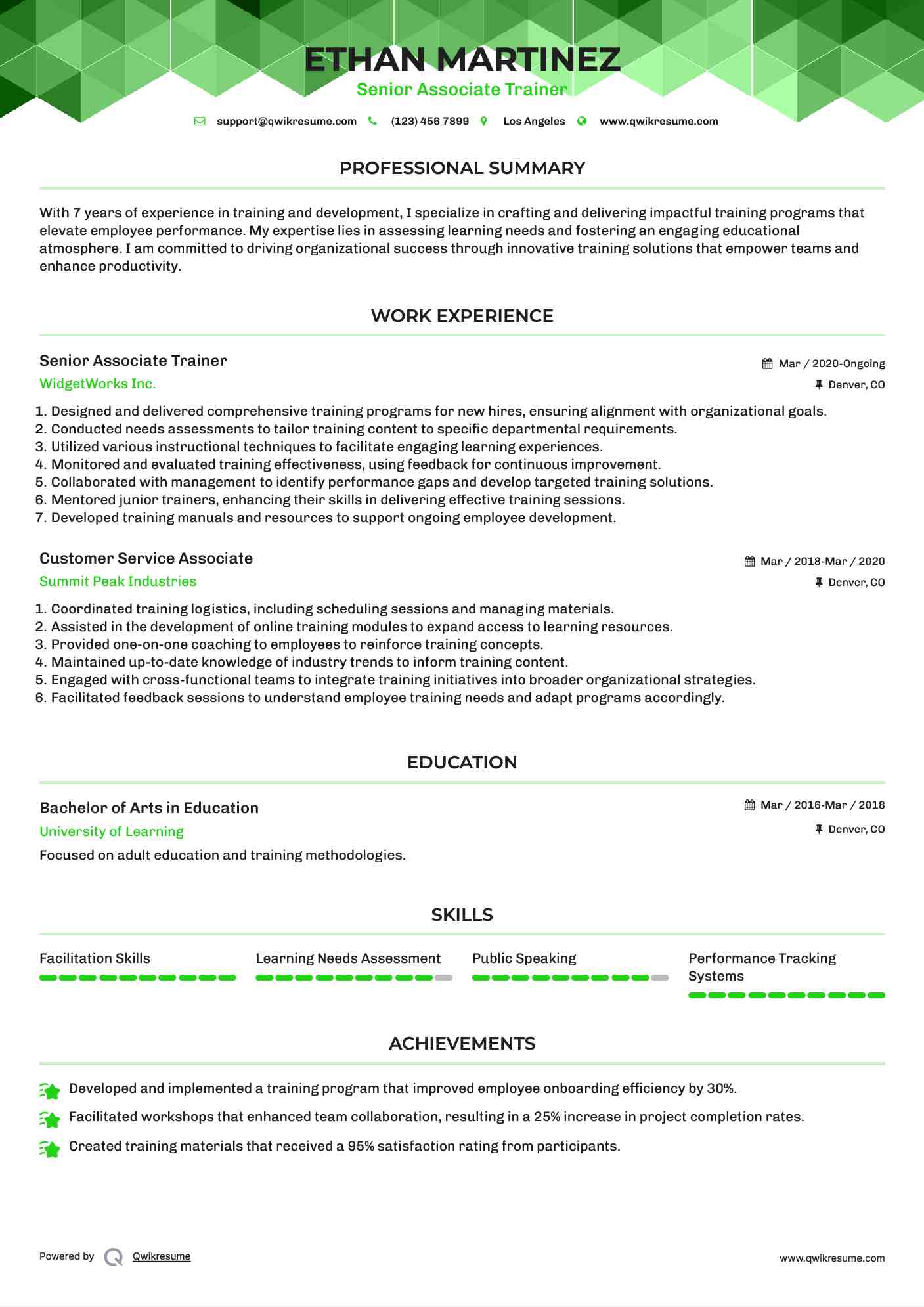 Senior Associate Trainer Resume Example