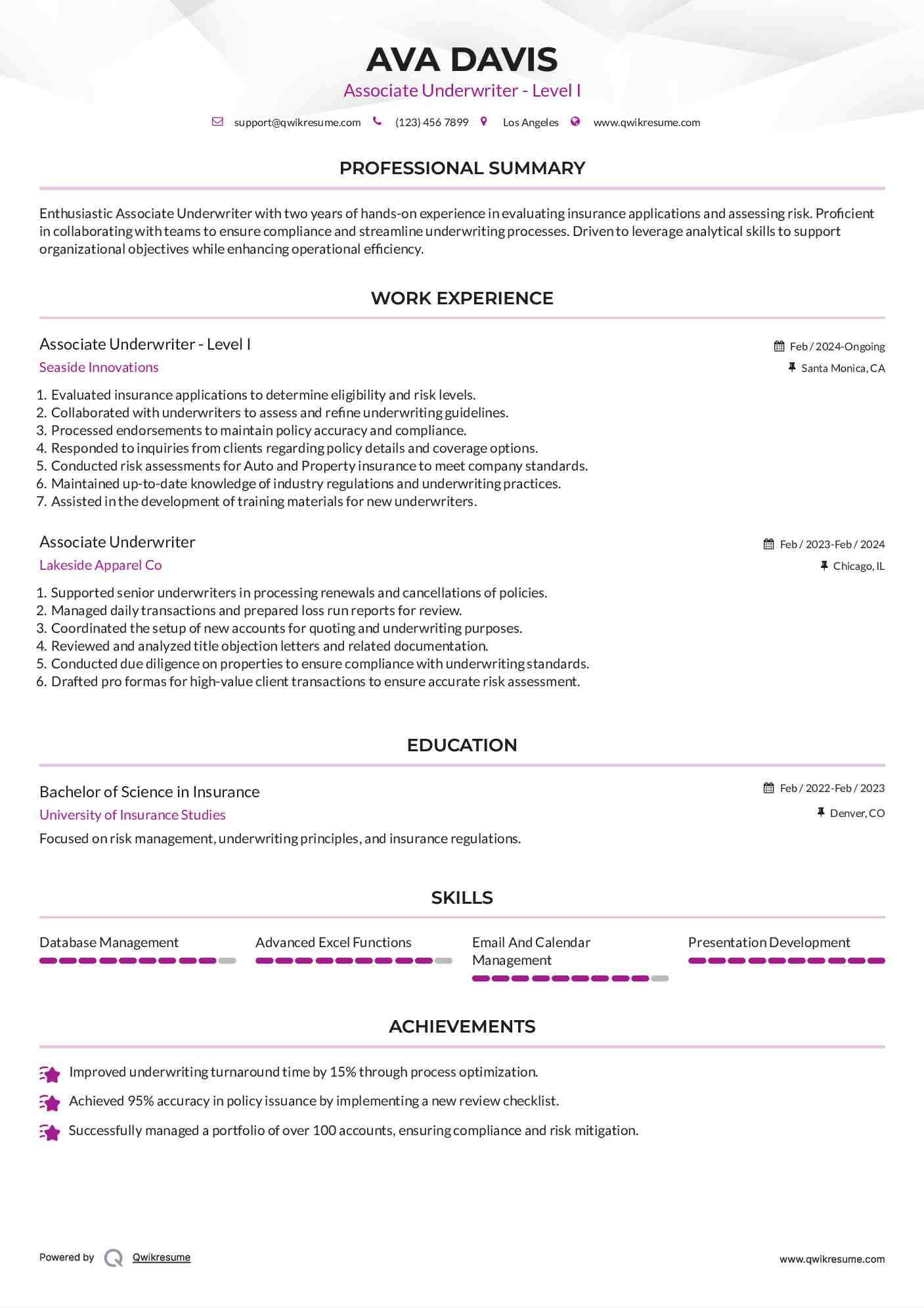 Associate Underwriter - Level I Resume Model