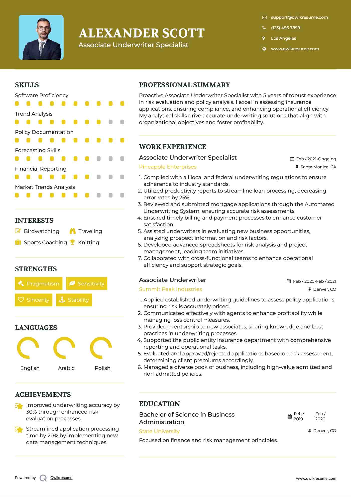 Associate Underwriter Specialist Resume Sample