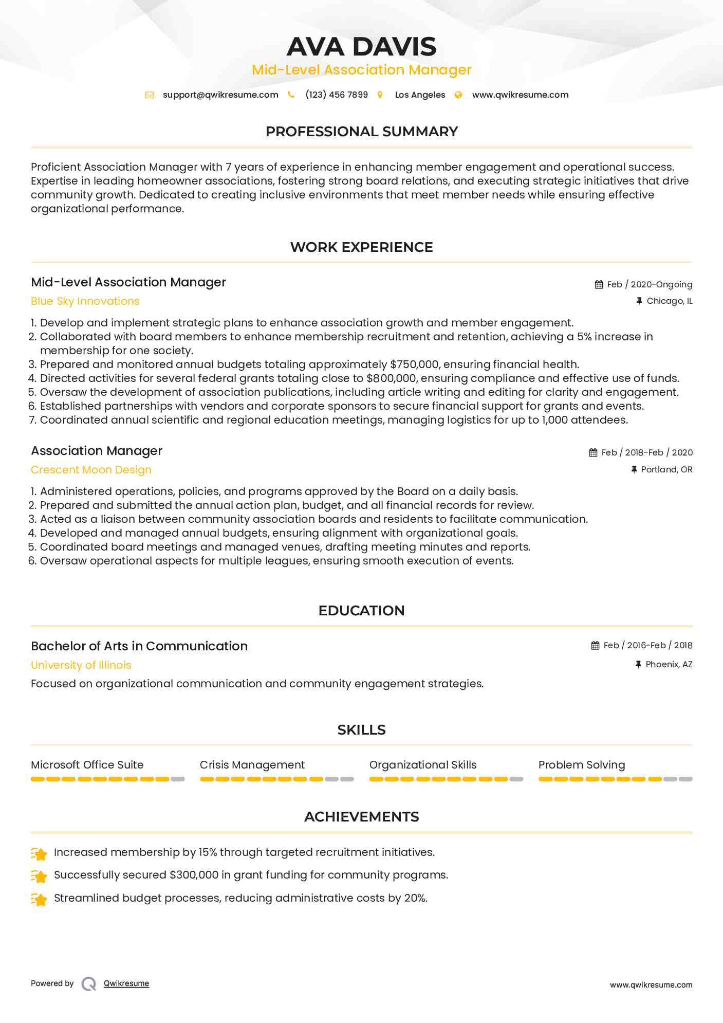 Mid-Level Association Manager Resume Format