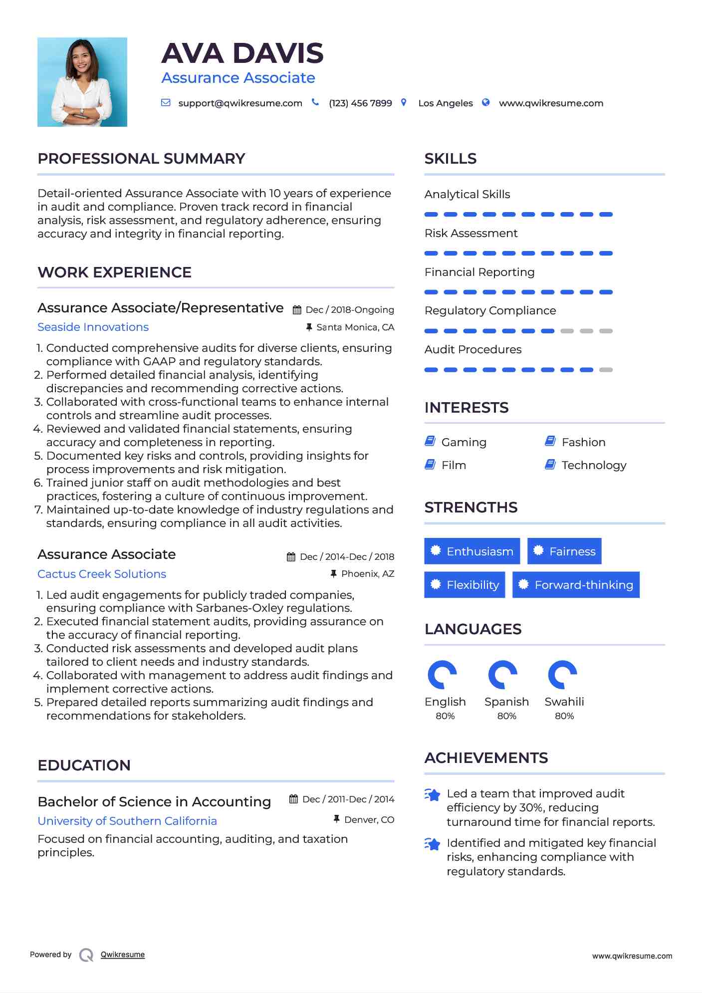 Assurance Associate/Representative Resume Format