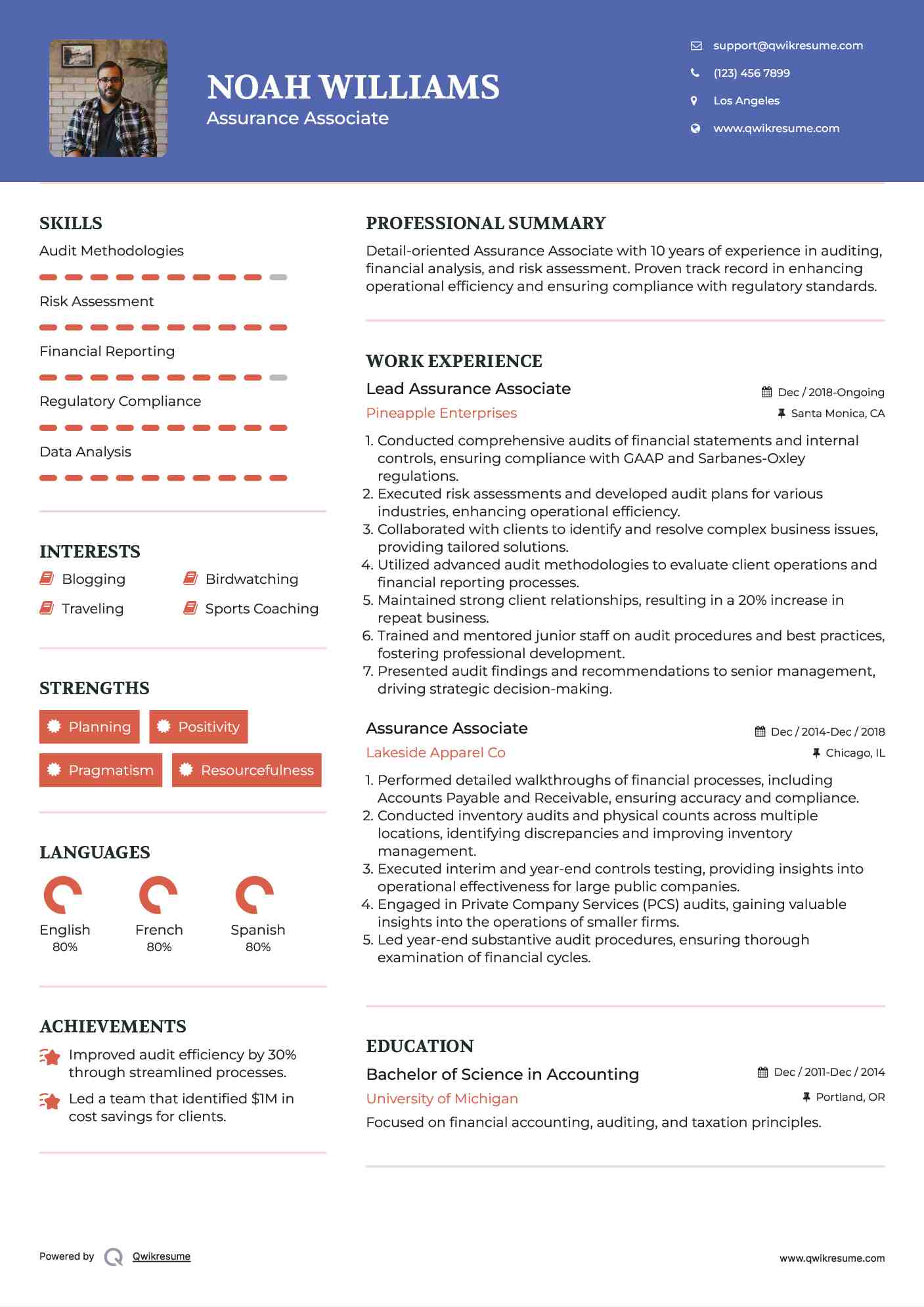 Lead Assurance Associate Resume Model