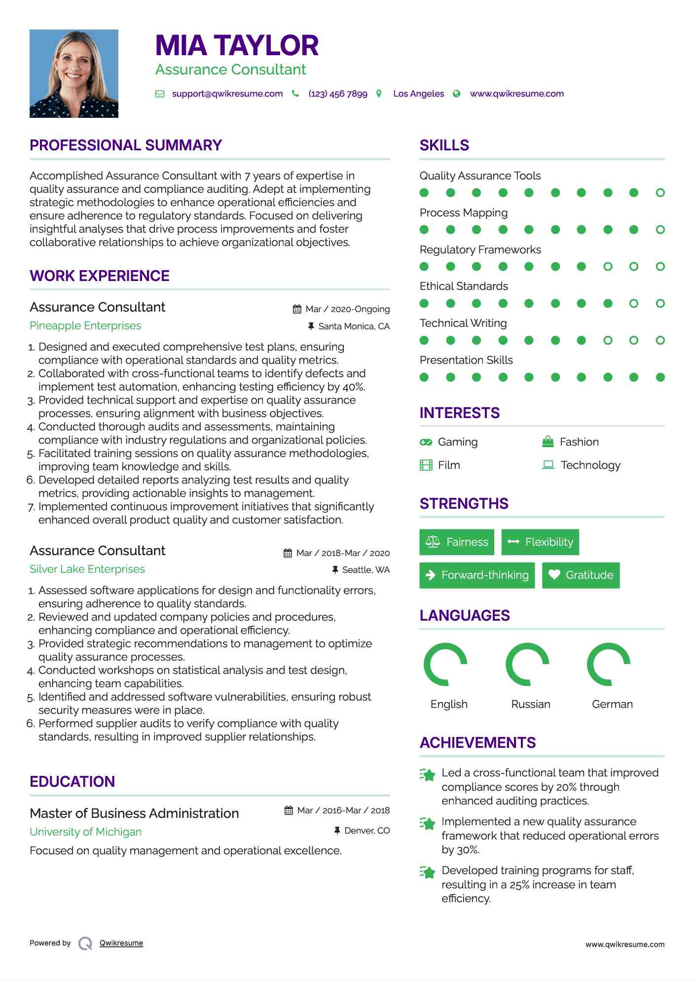 Assurance Consultant Resume Sample