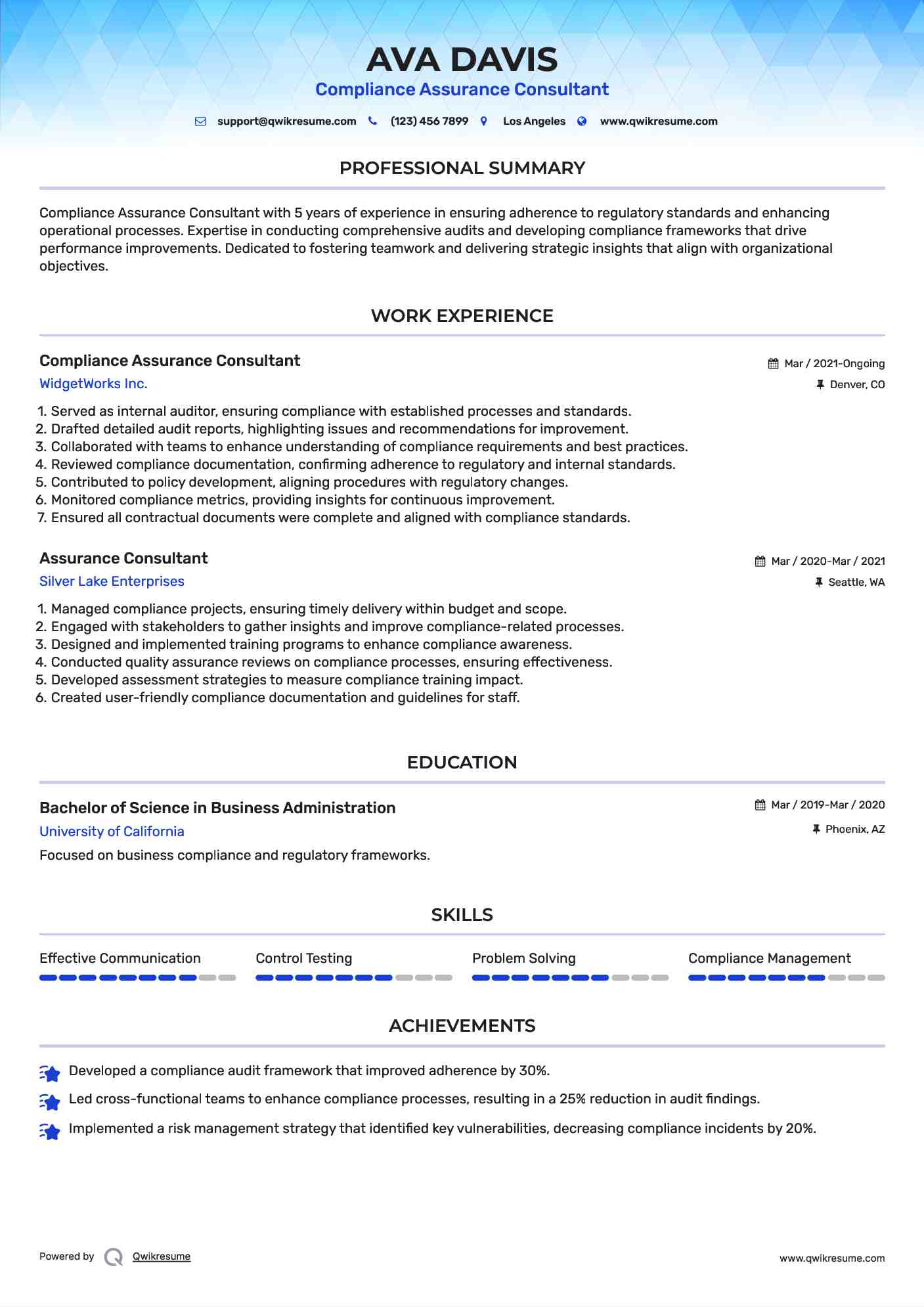 Compliance Assurance Consultant Resume Template