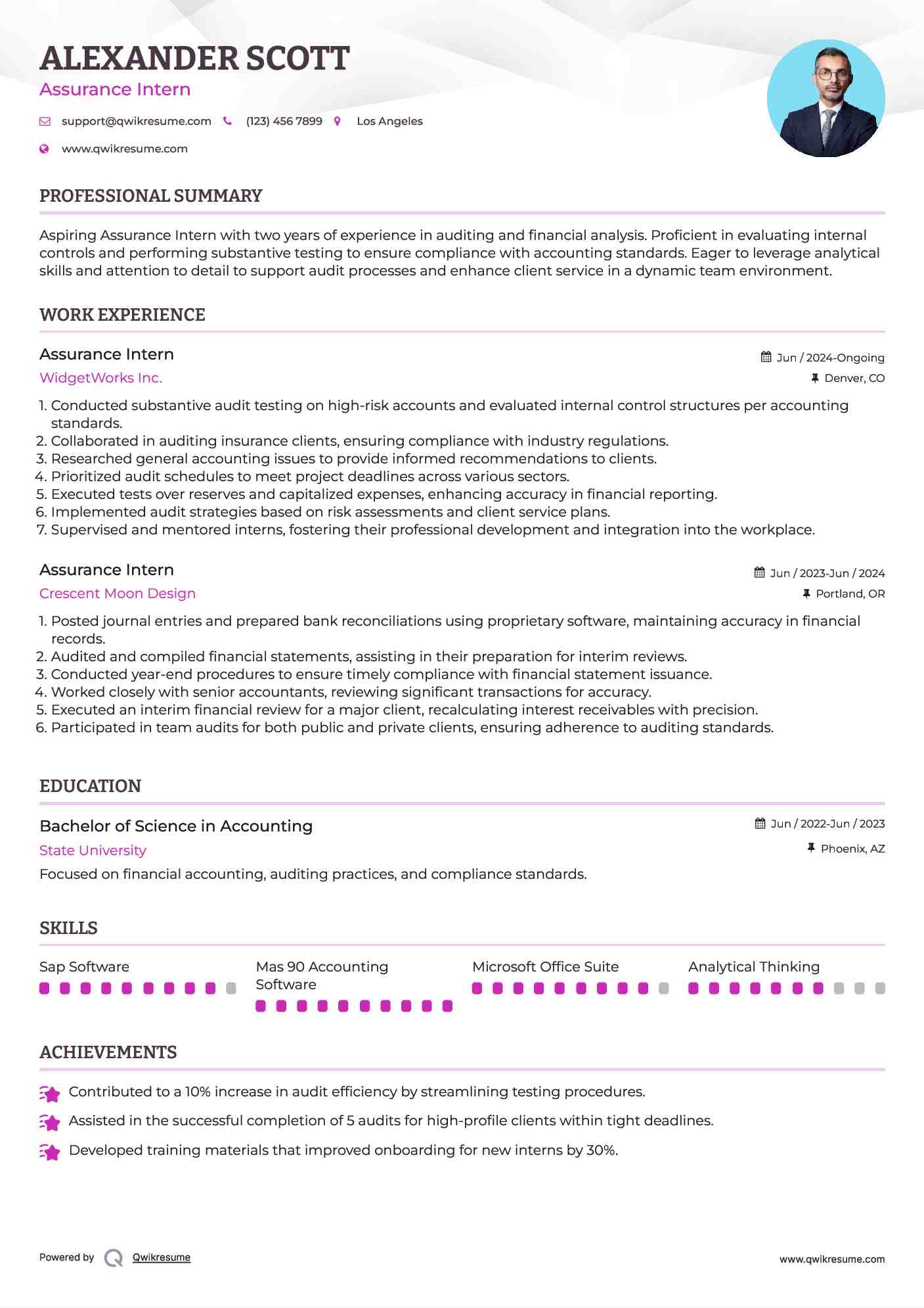 Assurance Intern Resume Sample