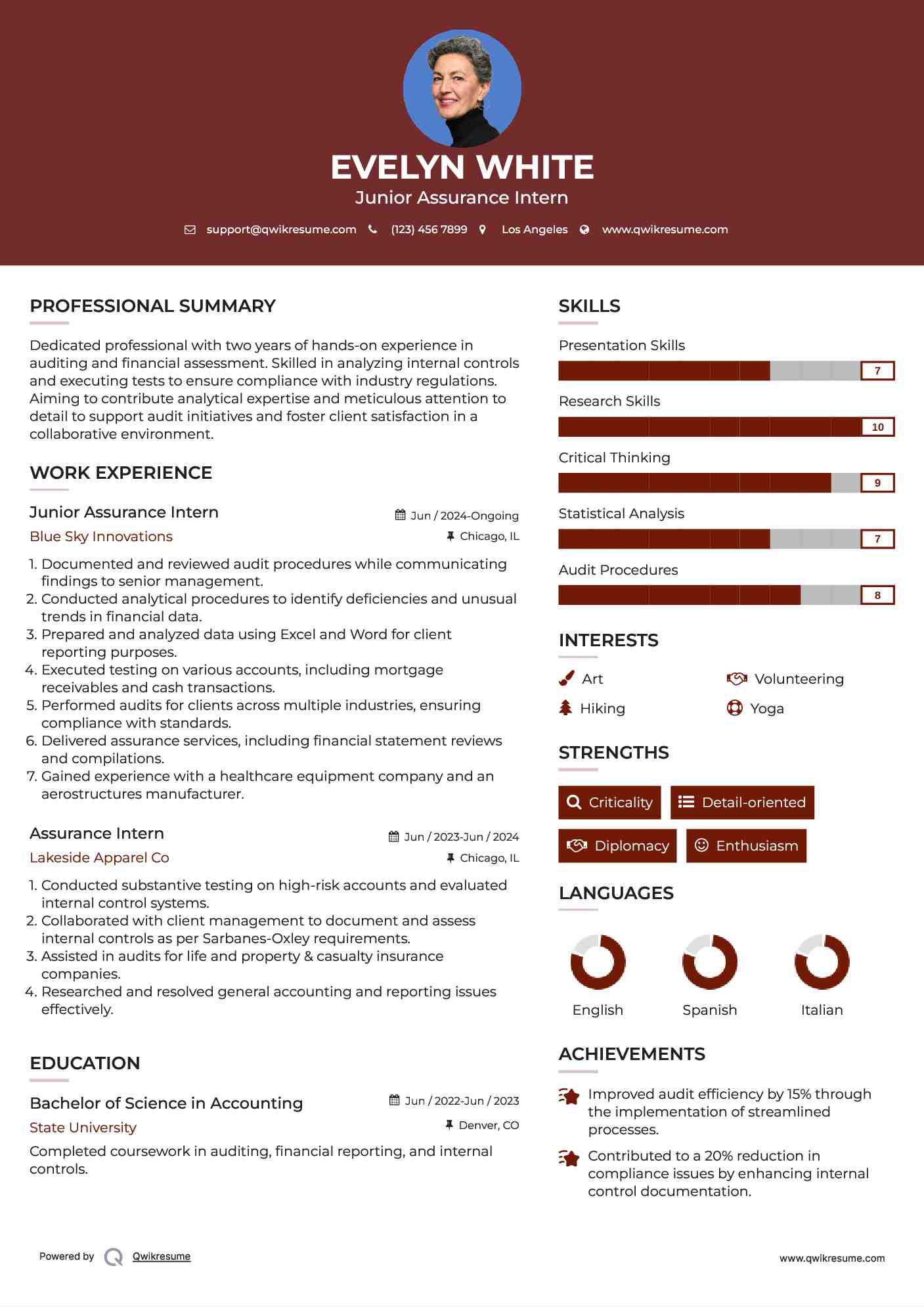 Junior Assurance Intern Resume Model