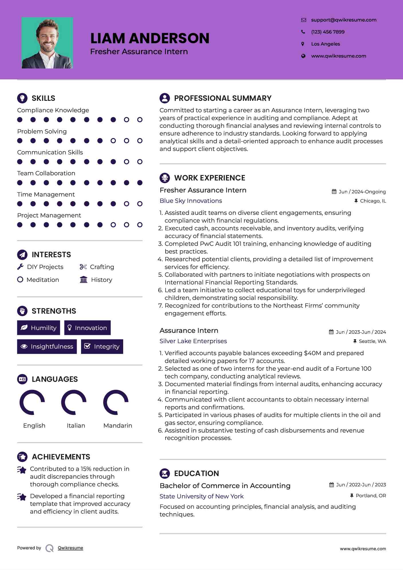 Fresher Assurance Intern Resume Format