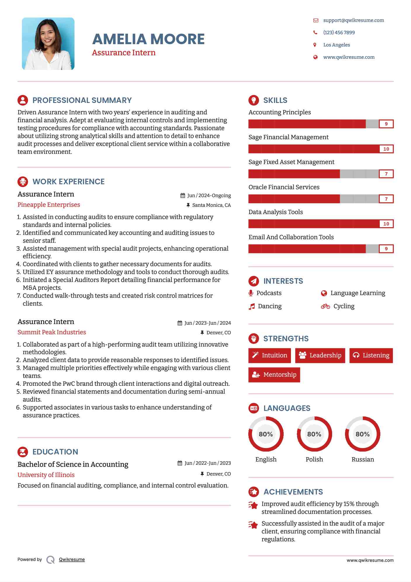 Assurance Intern Resume Sample