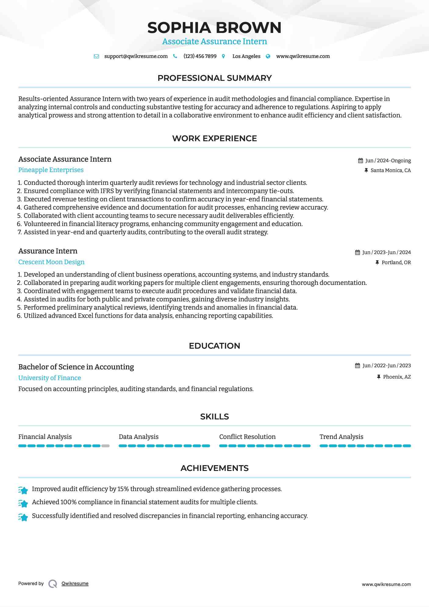 Associate Assurance Intern Resume Template