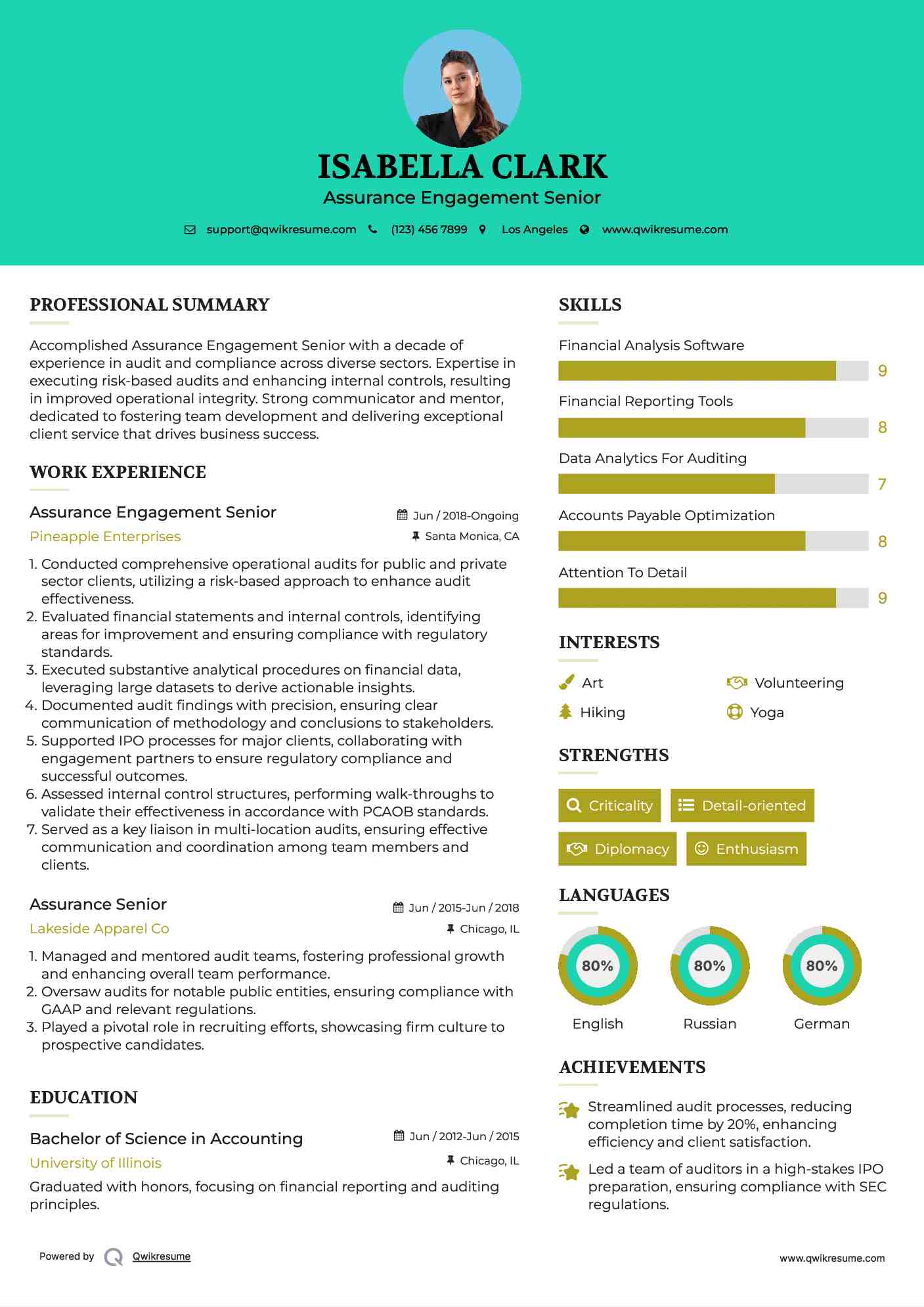 Assurance Engagement Senior
 Resume Model
