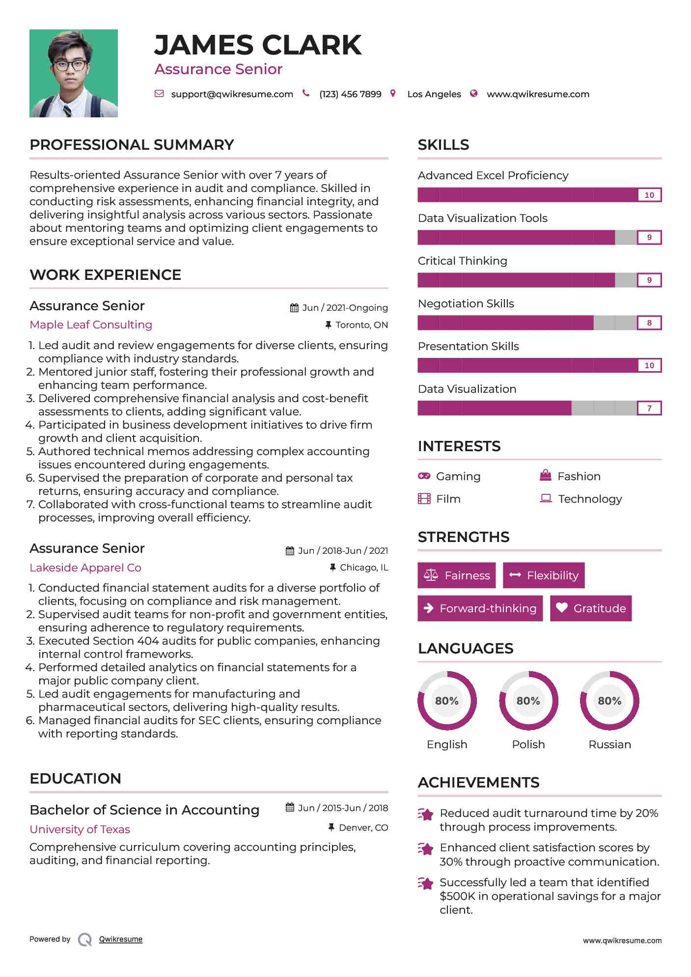 Assurance Senior Resume Model