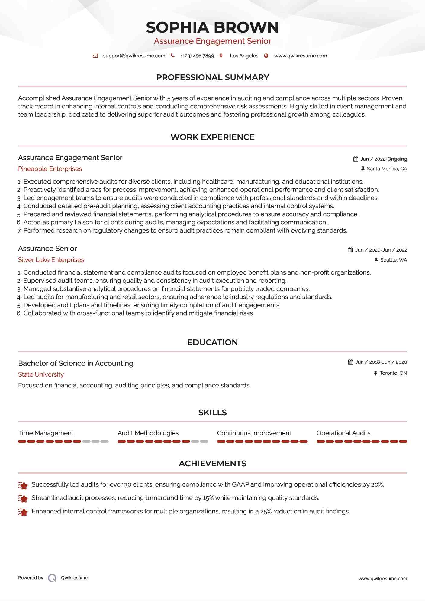 Assurance Engagement Senior
 Resume Sample