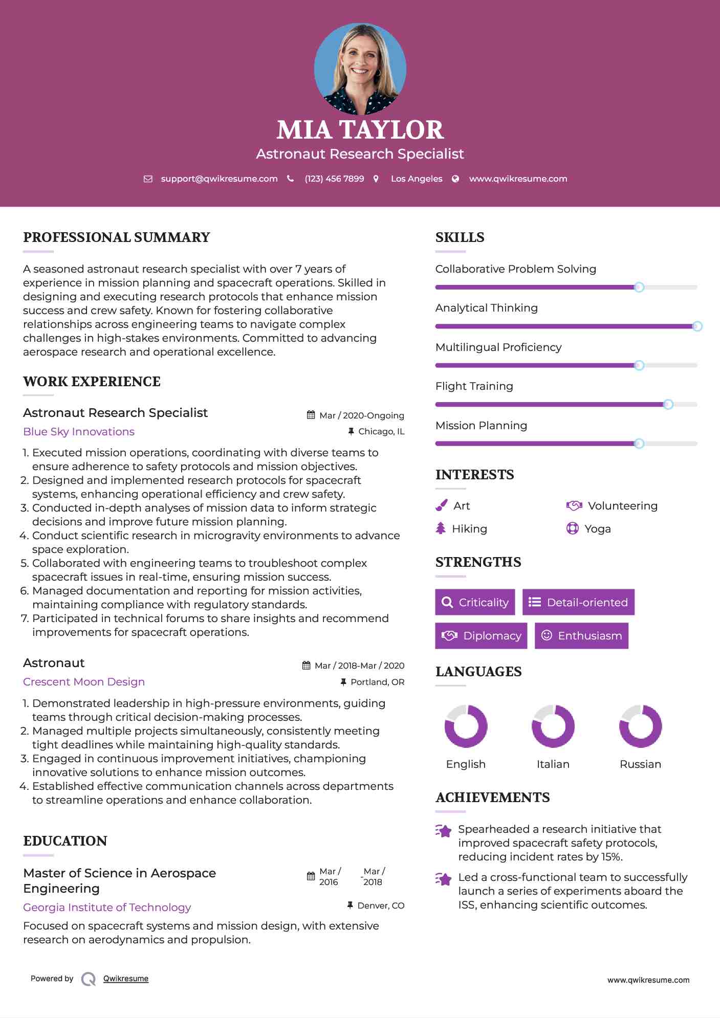 Astronaut Research Specialist Resume Model