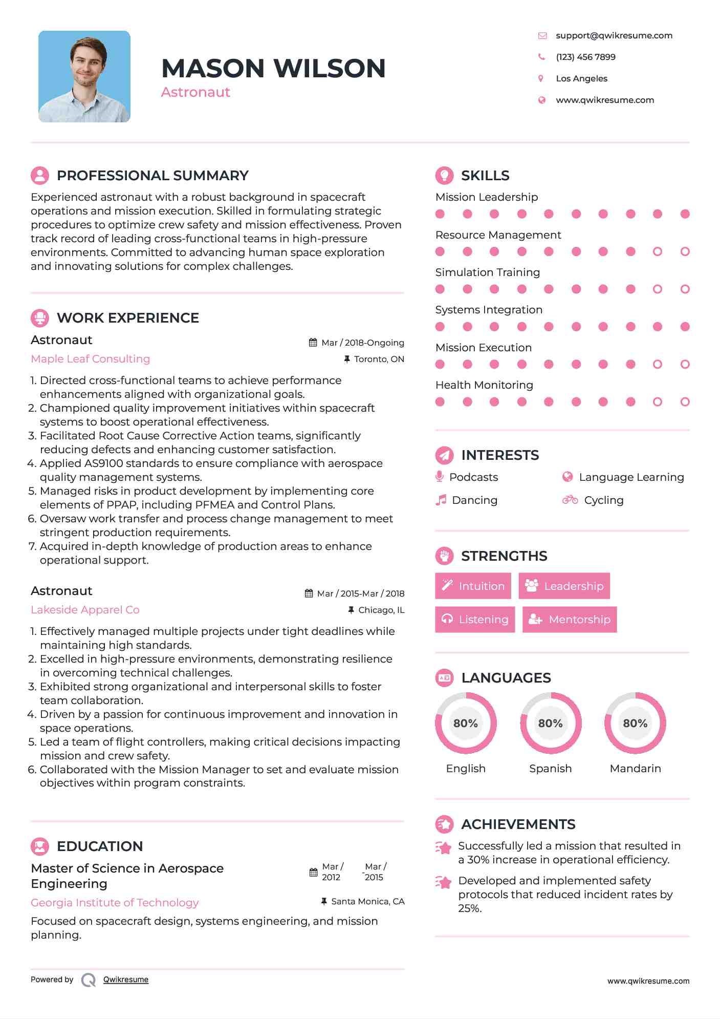 Astronaut Resume Sample