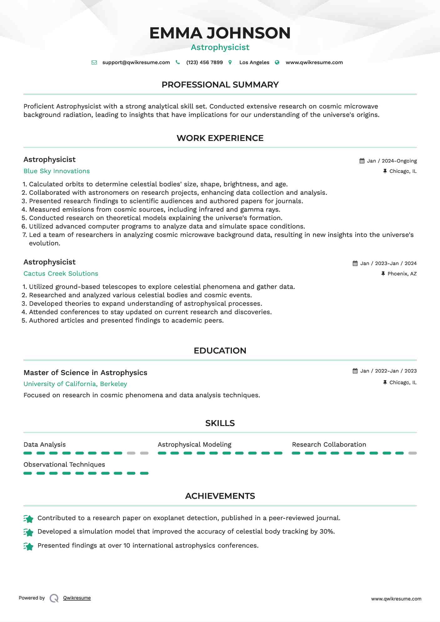 Astrophysicist Resume Example