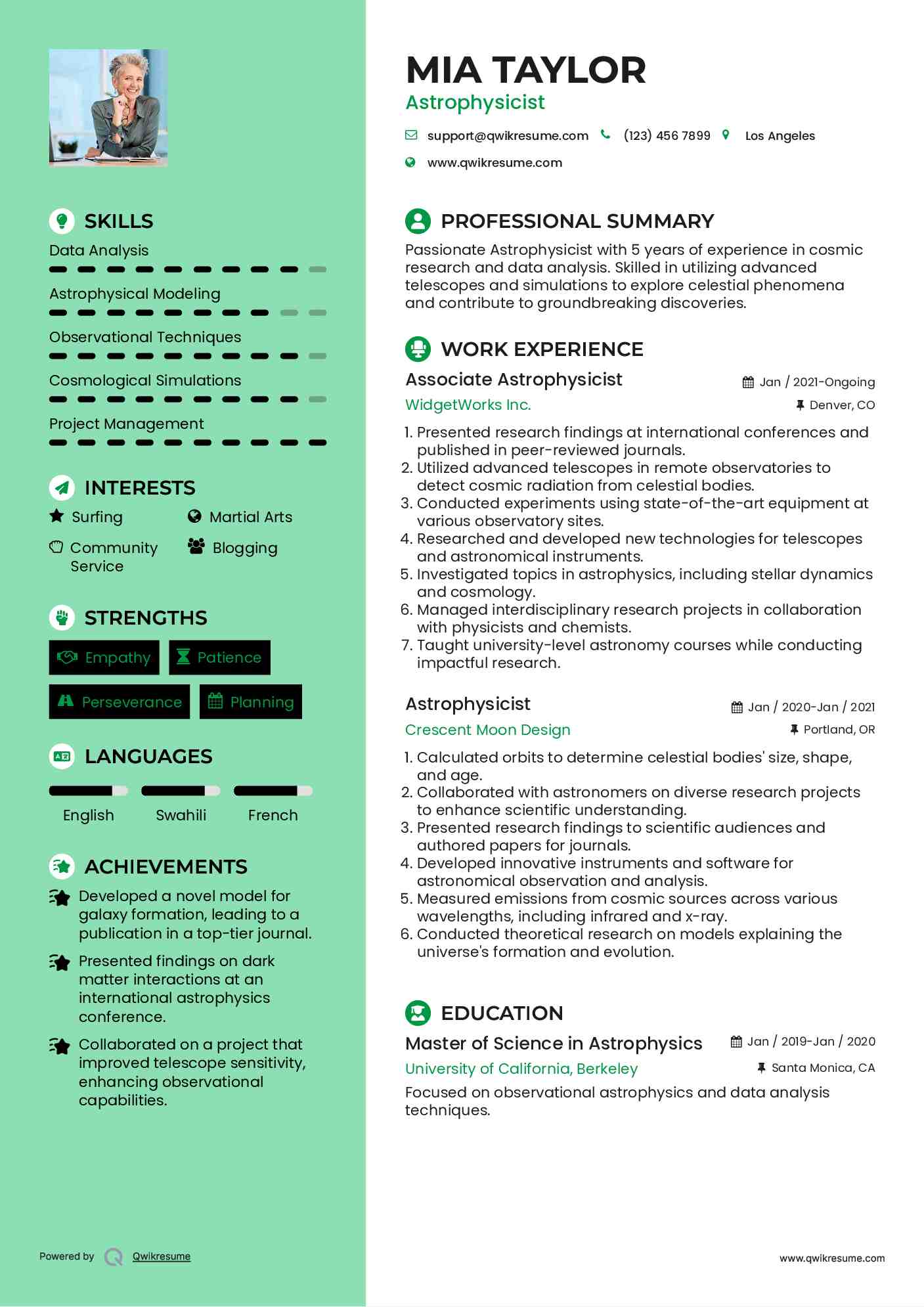 Associate Astrophysicist Resume Example