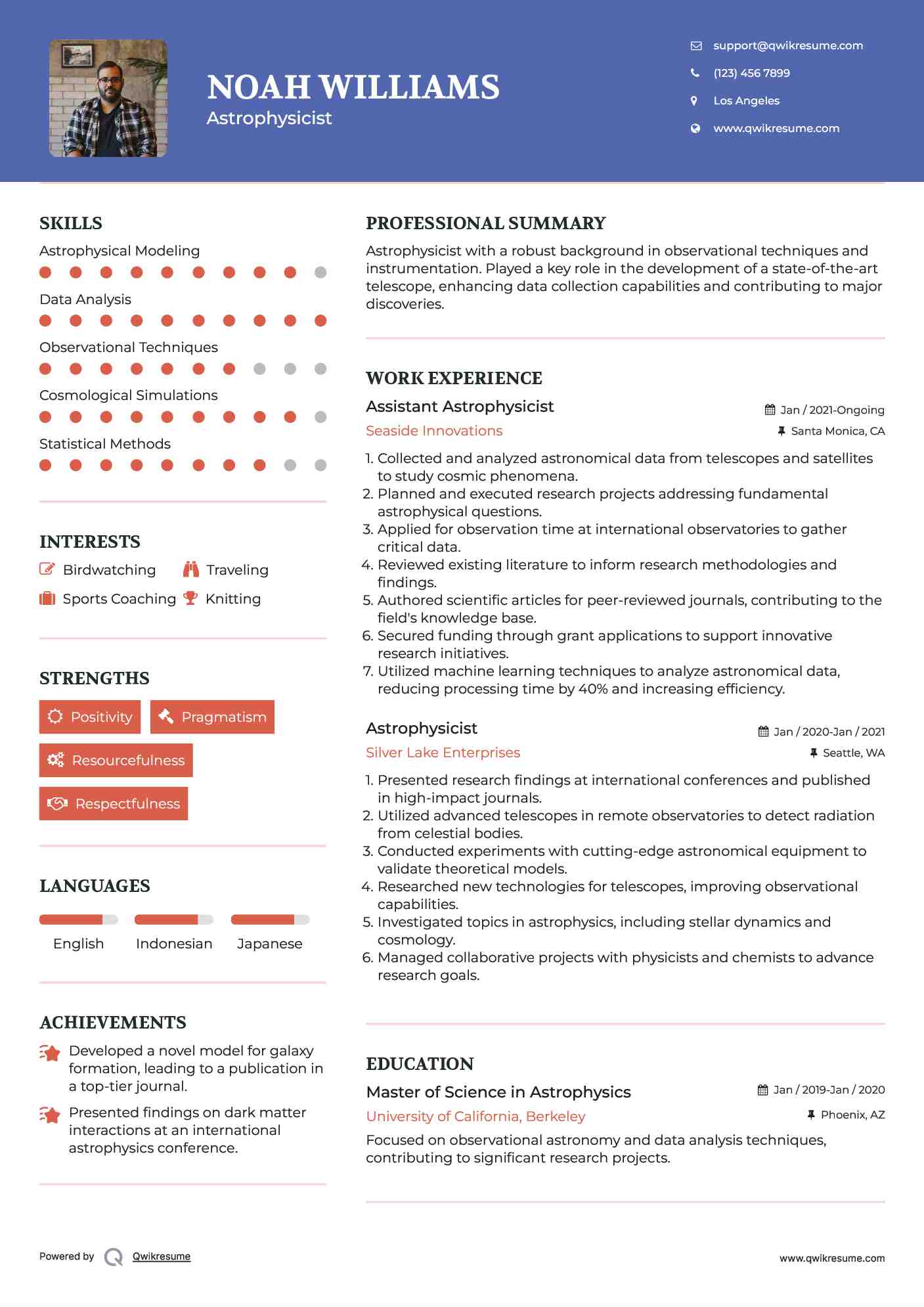 Assistant Astrophysicist Resume Example