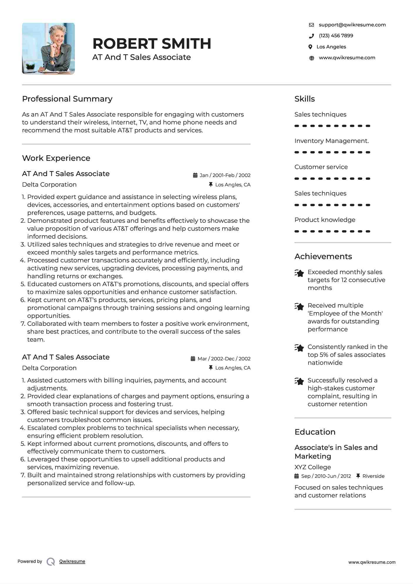 AT And T Sales Associate Resume Example