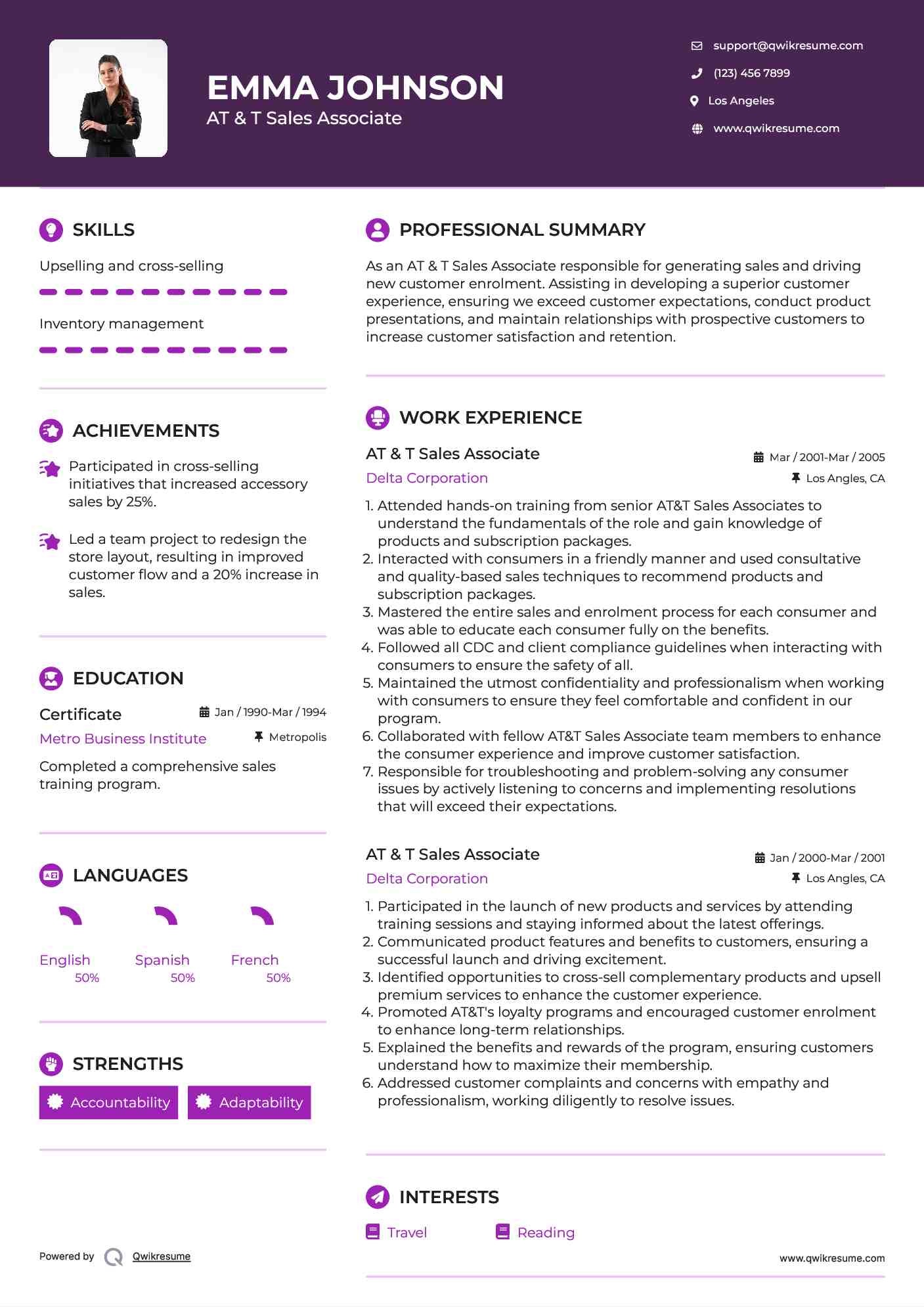 AT & T Sales Associate Resume Sample